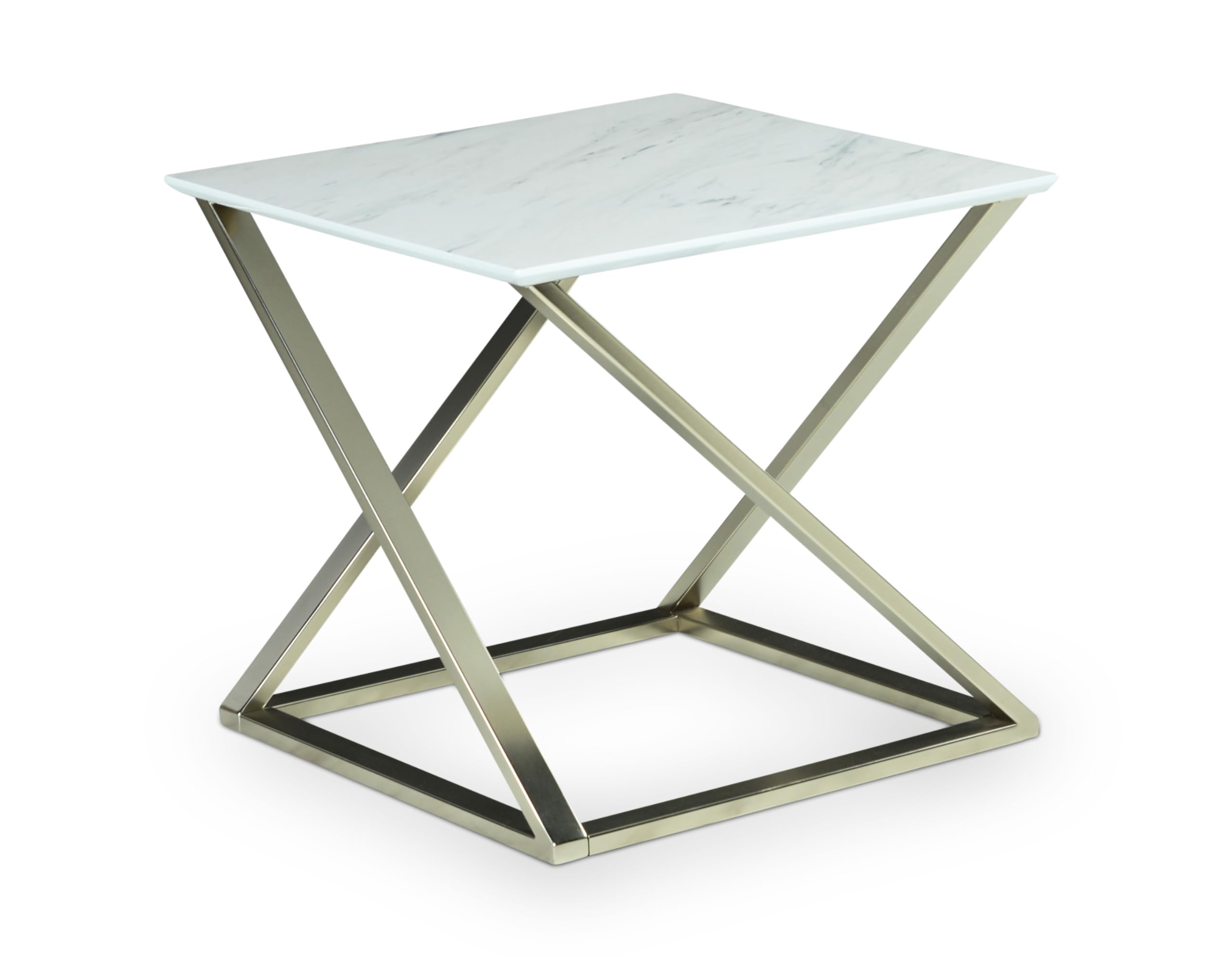 Steve Silver Zurich White Square Faux Marble End Table with Sturdy Asymmetrical Matte Chrome Base, Papered Veneer Top, Mixed Media Style, 24" L x 24" W x 23" H