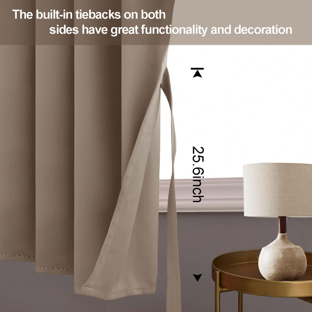 Jiuzhen Short Curtains Kitchen Half Window Blackout Curtains With Tiebacks For Baseroom Shadows, Grommet Curtains For Living Room, Set Of 2 Window Curtain Panels, 52 X 30 Inch Length,Taupe