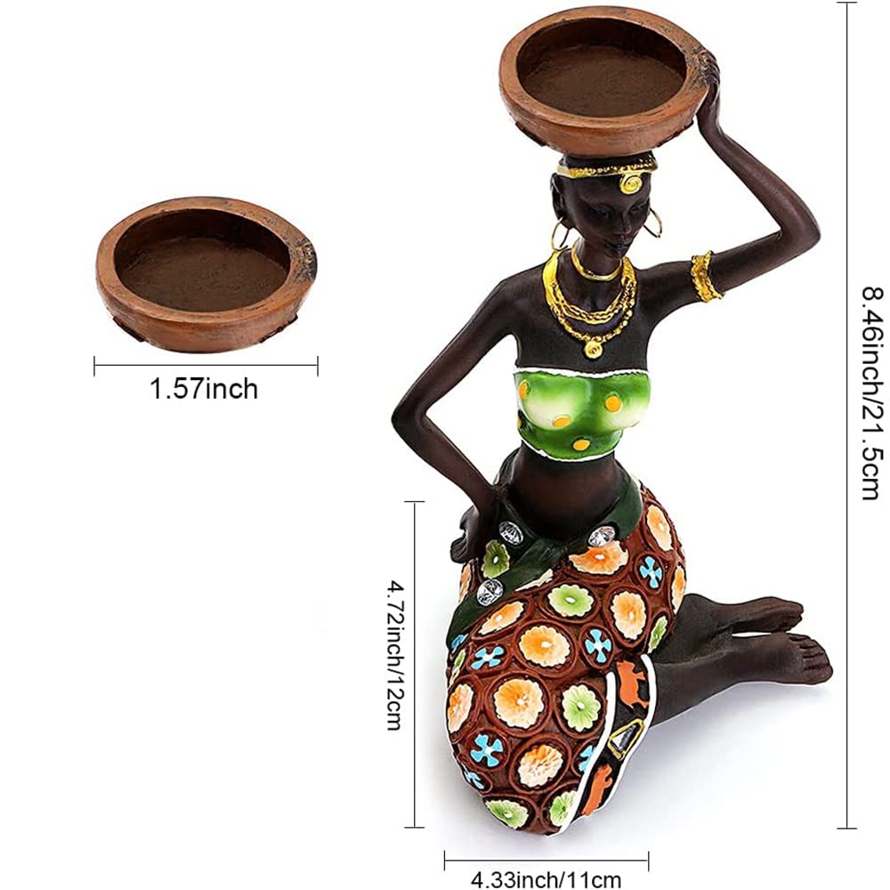 2 Pack African Women Sculpture,8.5In Black Tribal Lady Figure Figurine Candle Holder African American Women Statue Collectible A