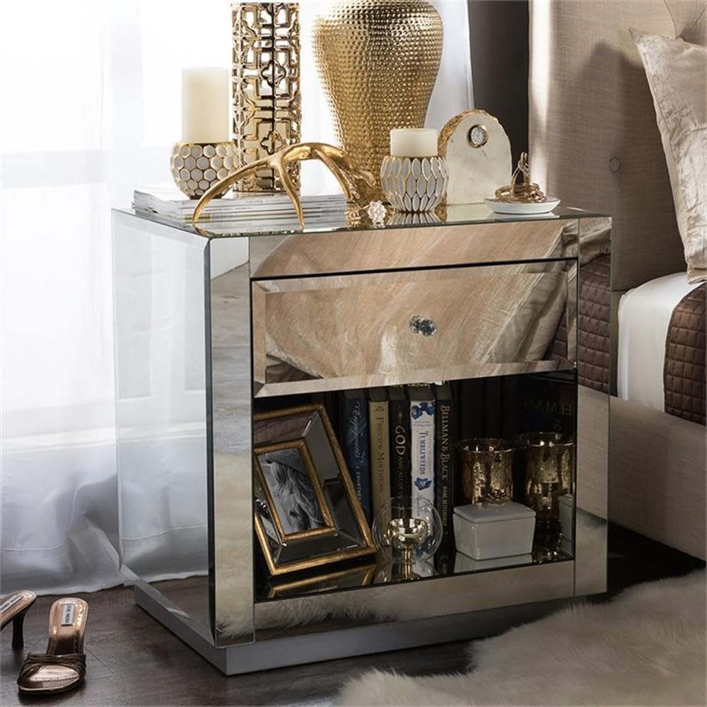 Baxton Studio Silver Hollywood Glamour Style Nightstand Bedside Table Silver/Wood Composite