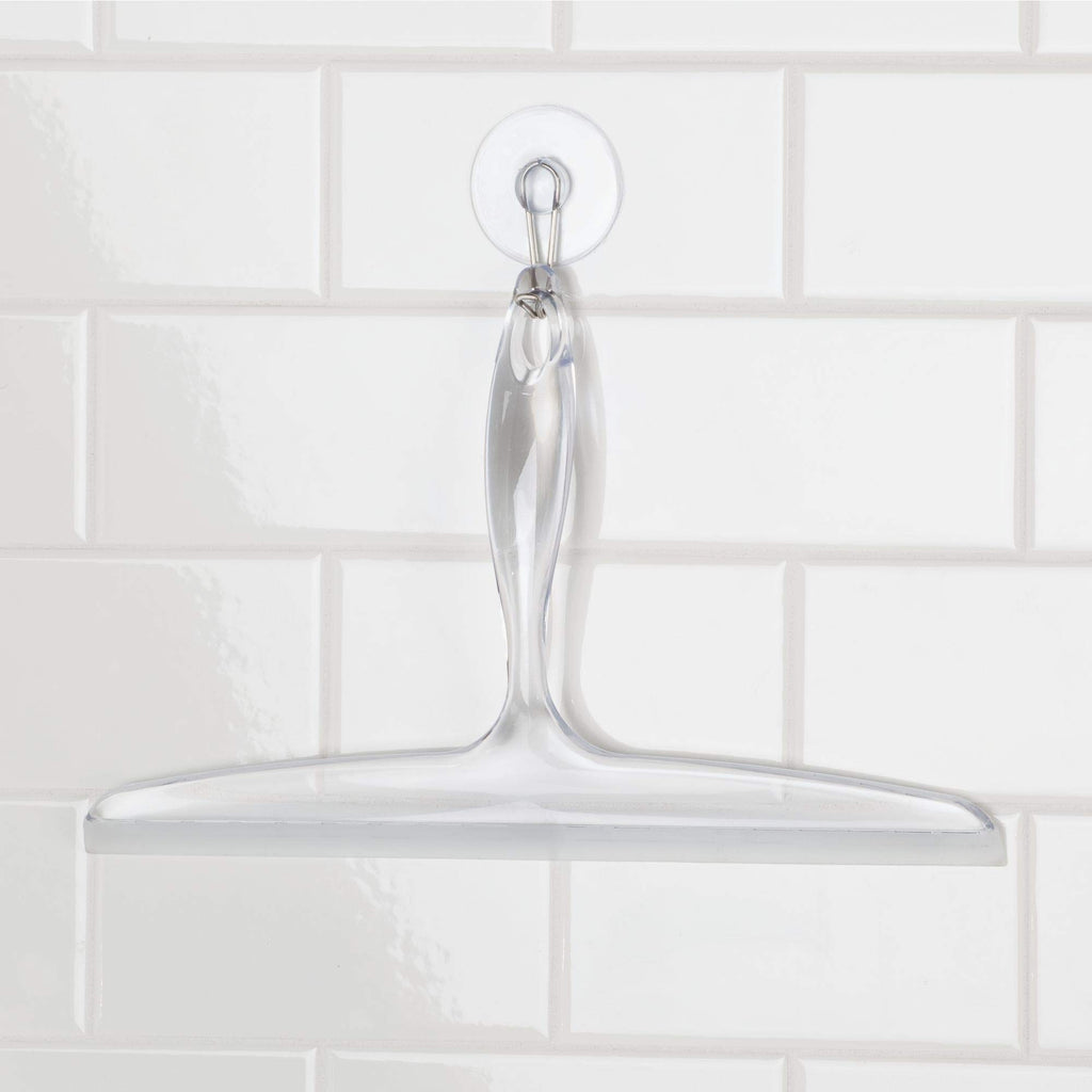 iDesign Plastic Bath Squeegee for Glass with Suction Hook Holder - 12'', Clear