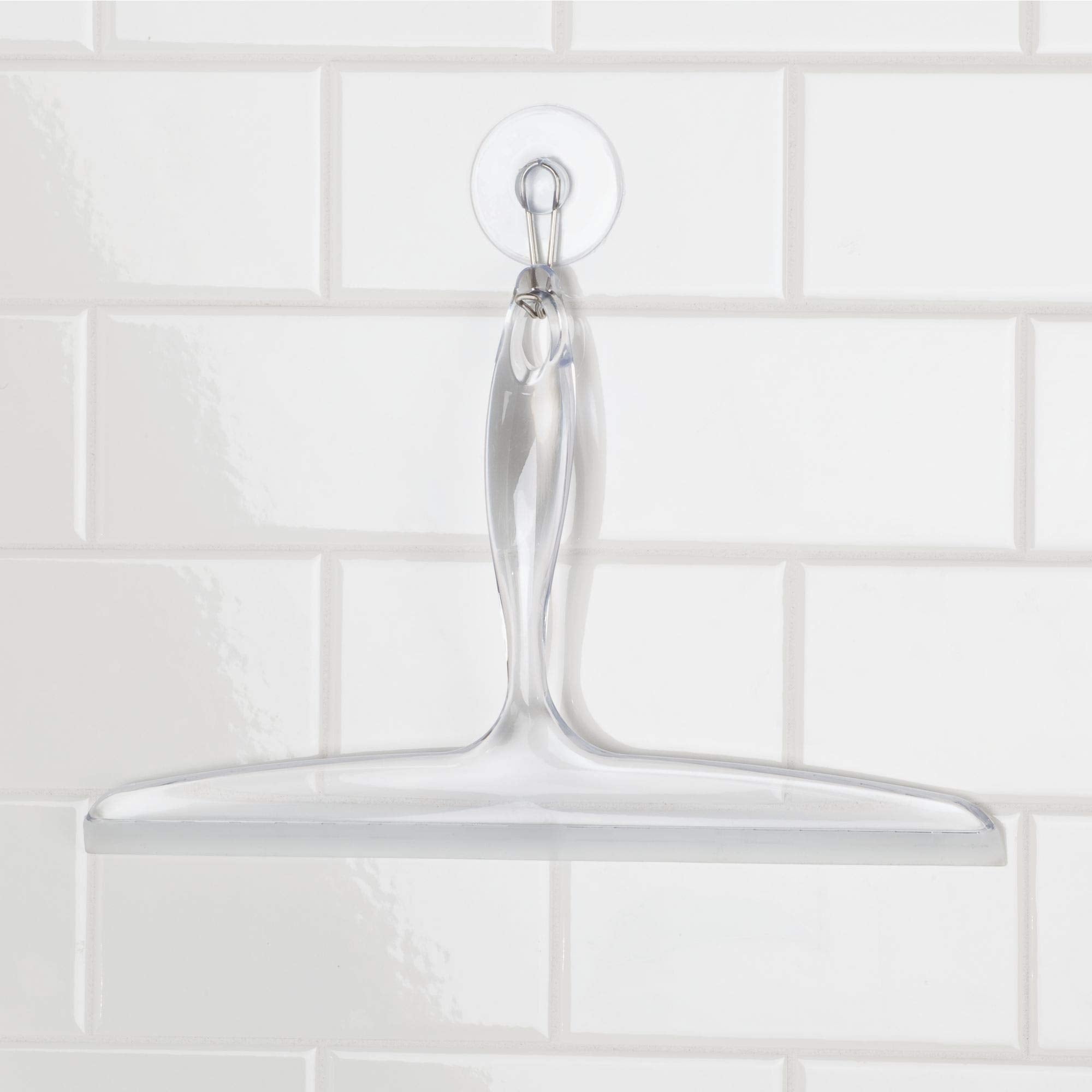 iDesign Plastic Bath Squeegee for Glass with Suction Hook Holder - 12'', Clear