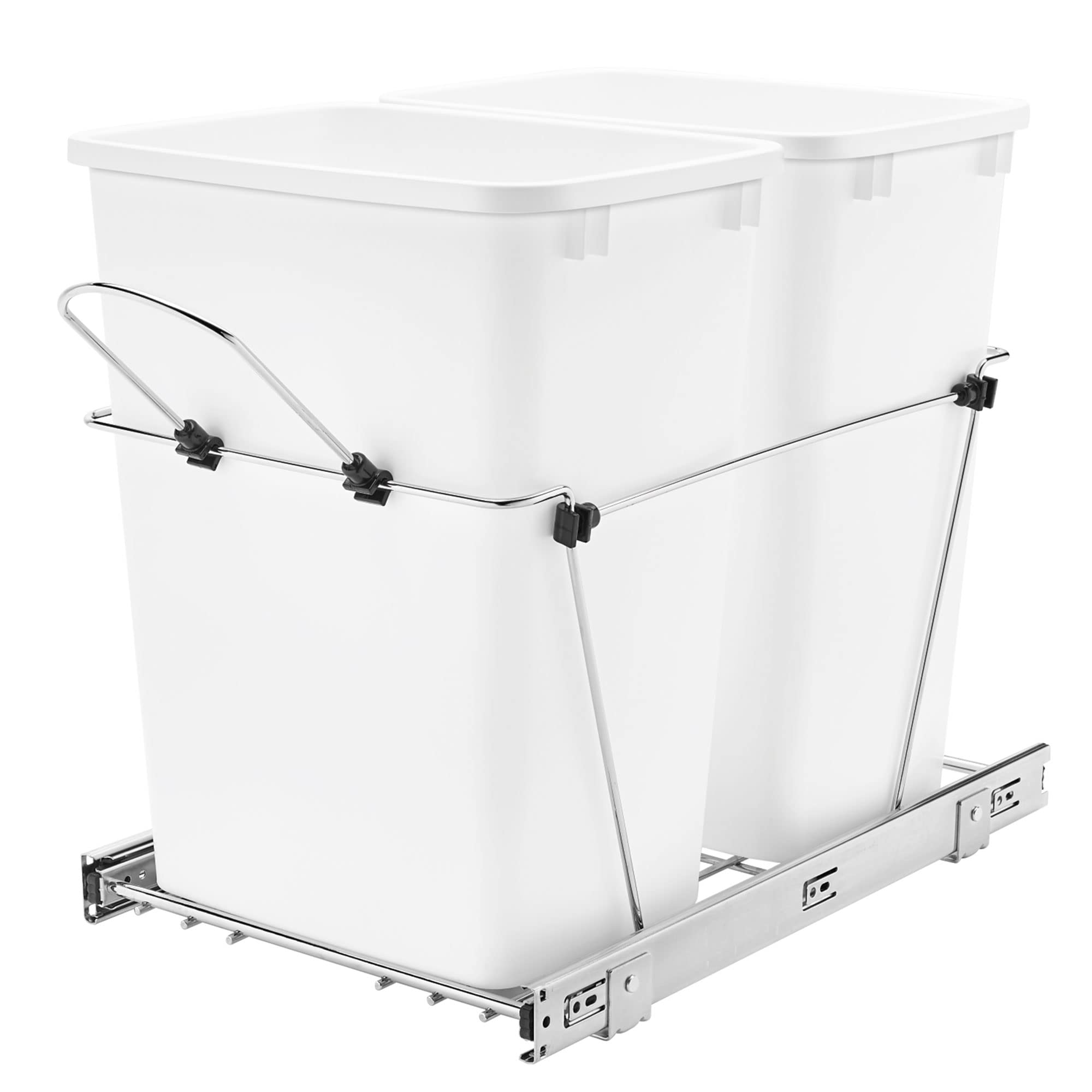 Rev-A-Shelf Double Pullout Trash Can for Kitchen Cabinets 35 Qt 12 Gallon Garbage Recycling Bin on Full-Extension Slides, White,