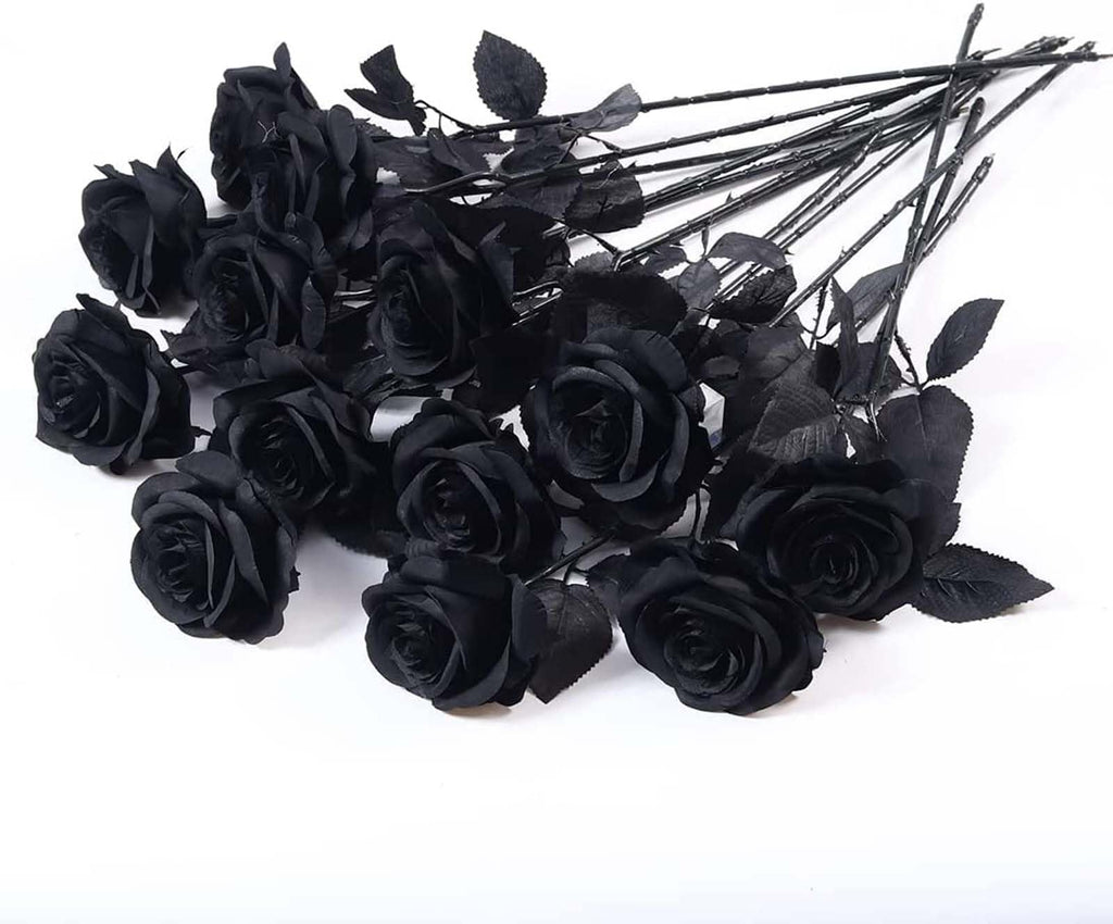 Laelfe 12 PCS Artificial Flowers Black Roses, Fake Silk Flower Long Stem Artificial Black Rose for Halloween Home Wedding Party 