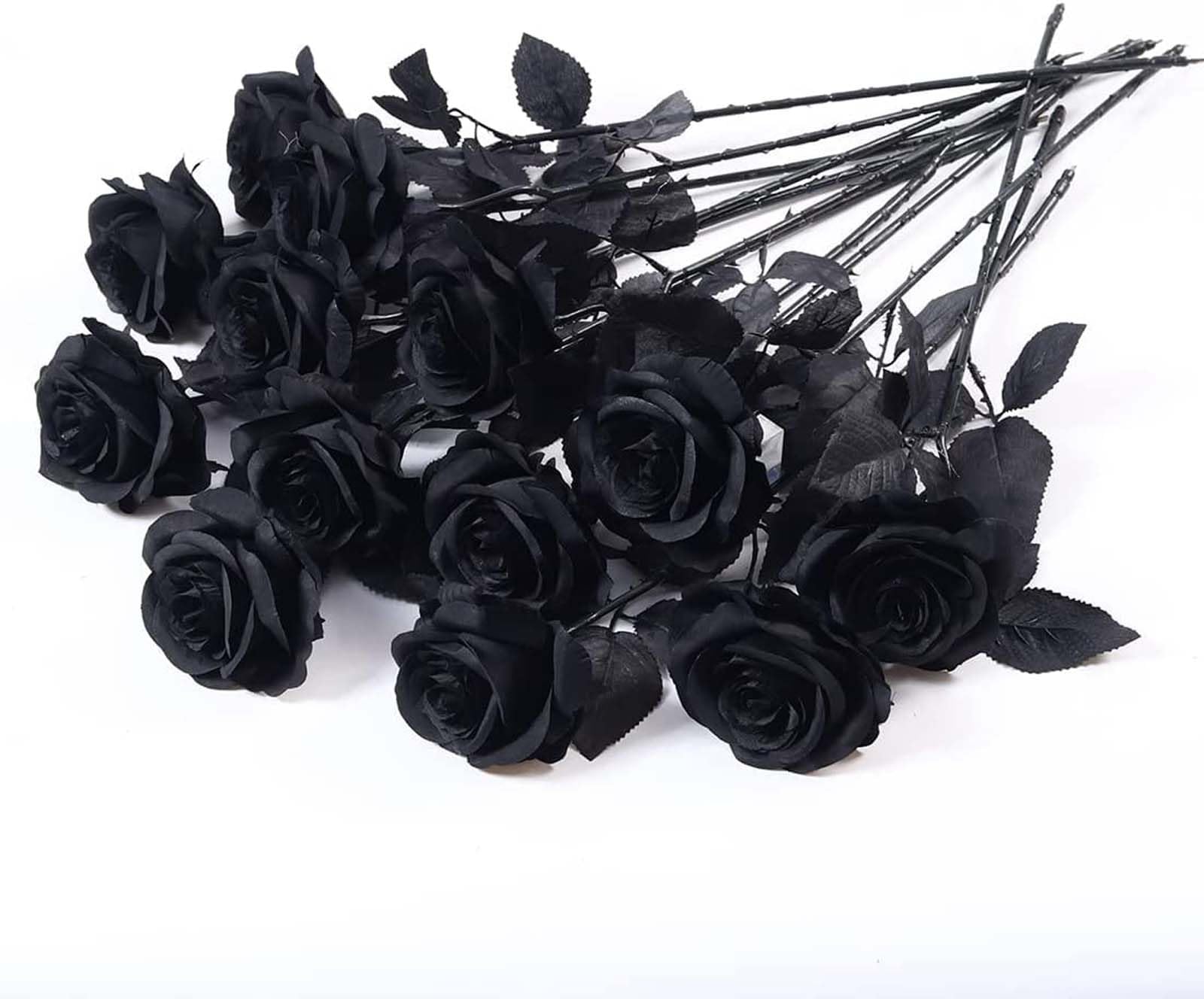Laelfe 12 PCS Artificial Flowers Black Roses, Fake Silk Flower Long Stem Artificial Black Rose for Halloween Home Wedding Party 