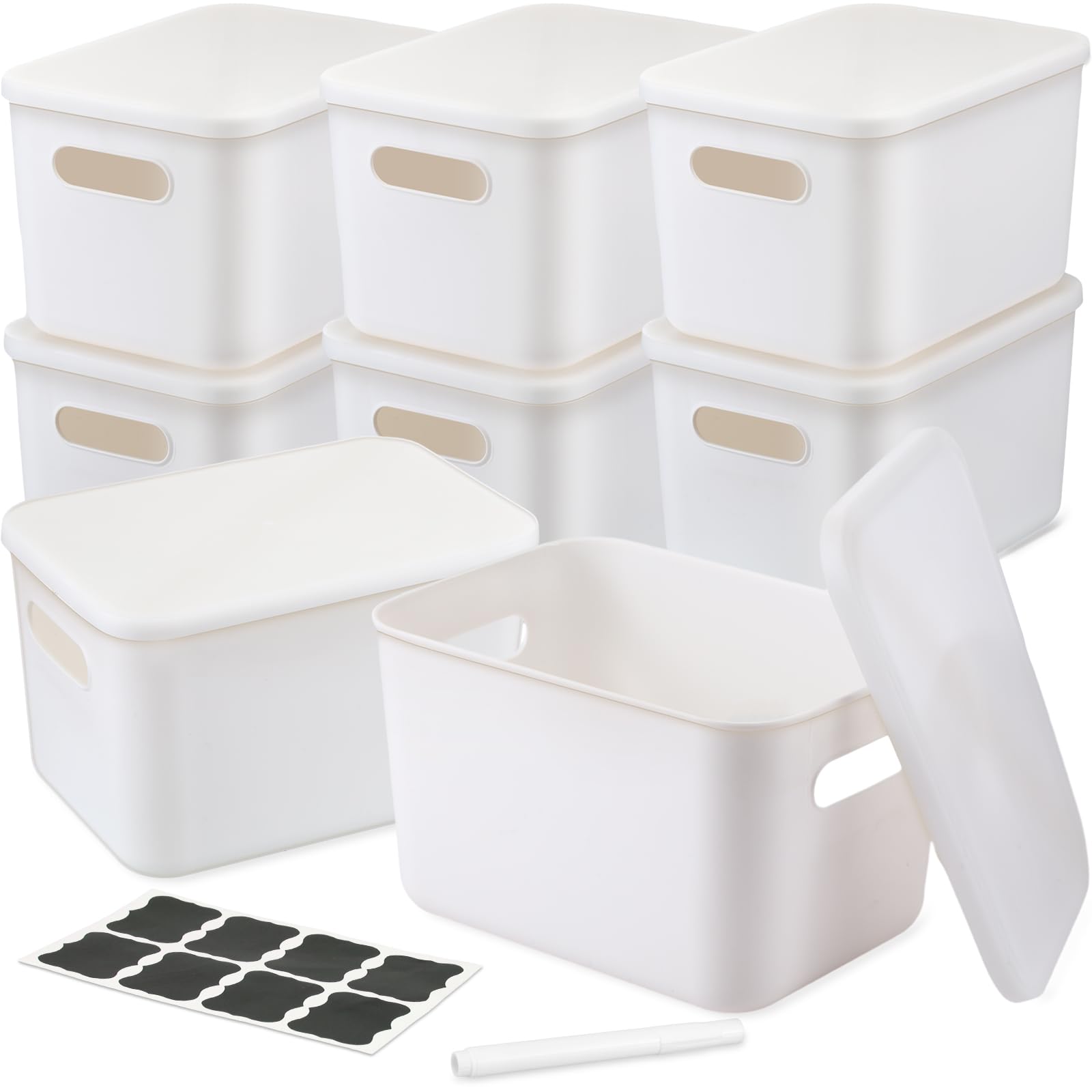 BBTO 8 Pcs White Plastic Storage Bins with Lids Organizing Container with Handle Stackable Containers for Organizing Including L