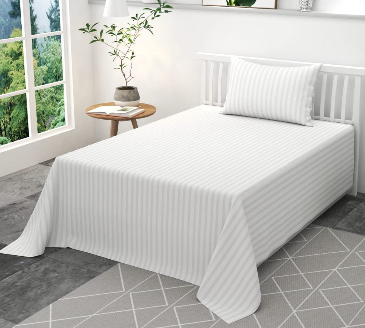YUKU 300 TC Glace Cotton Plain Stripe Single Bedsheet with 1 Pillow Cover (60 X 90) Inch
