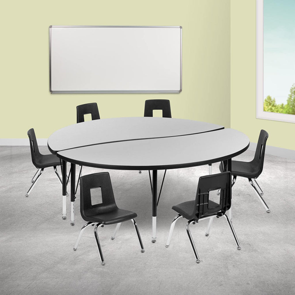 Flash Furniture Emmy 60" Circle Wave Flexible Laminate Activity Table Set with 12" Student Stack Chairs, Grey/Black