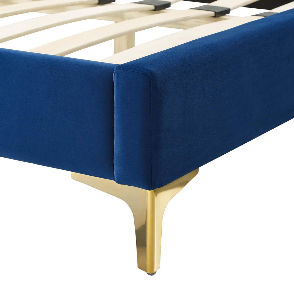 Modway Alexandria Tufted Performance Velvet Platform Bed with Gold Legs, Twin, Navy