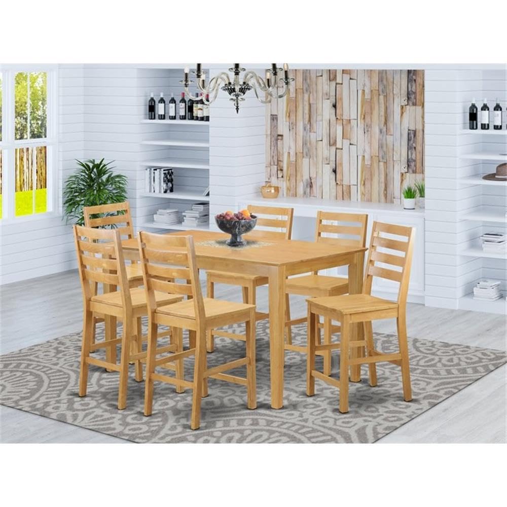 East West Furniture CACF7H-OAK-W 7 Piece Kitchen Counter Height Dining Table Set Consist of a Rectangle Pub Table and 6 Dining Room Chairs, 36x60 Inch, Oak