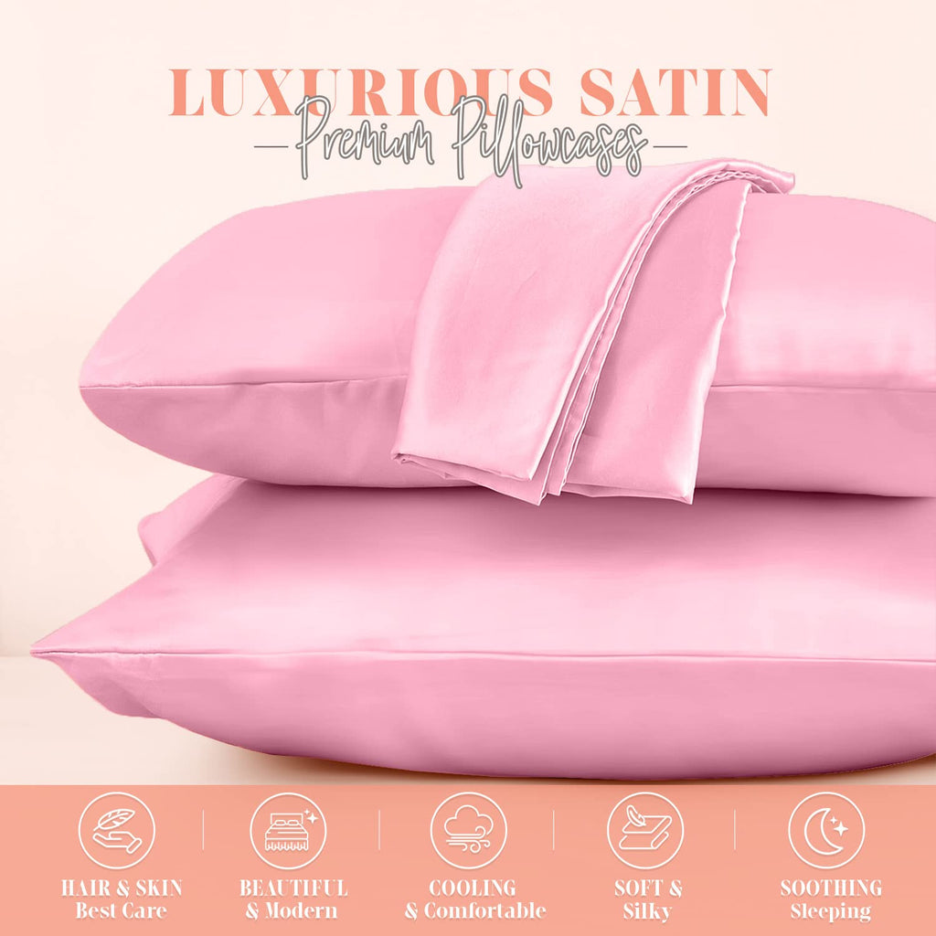 Elegant Comfort Silky And Luxurious 2-Piece Satin Pillowcase Set For Healthier Skin And Hair, Hidden Zipper Closure And Beautifully Packaged, Satin Pillowcase Set, Standard/Queen, Light Pink