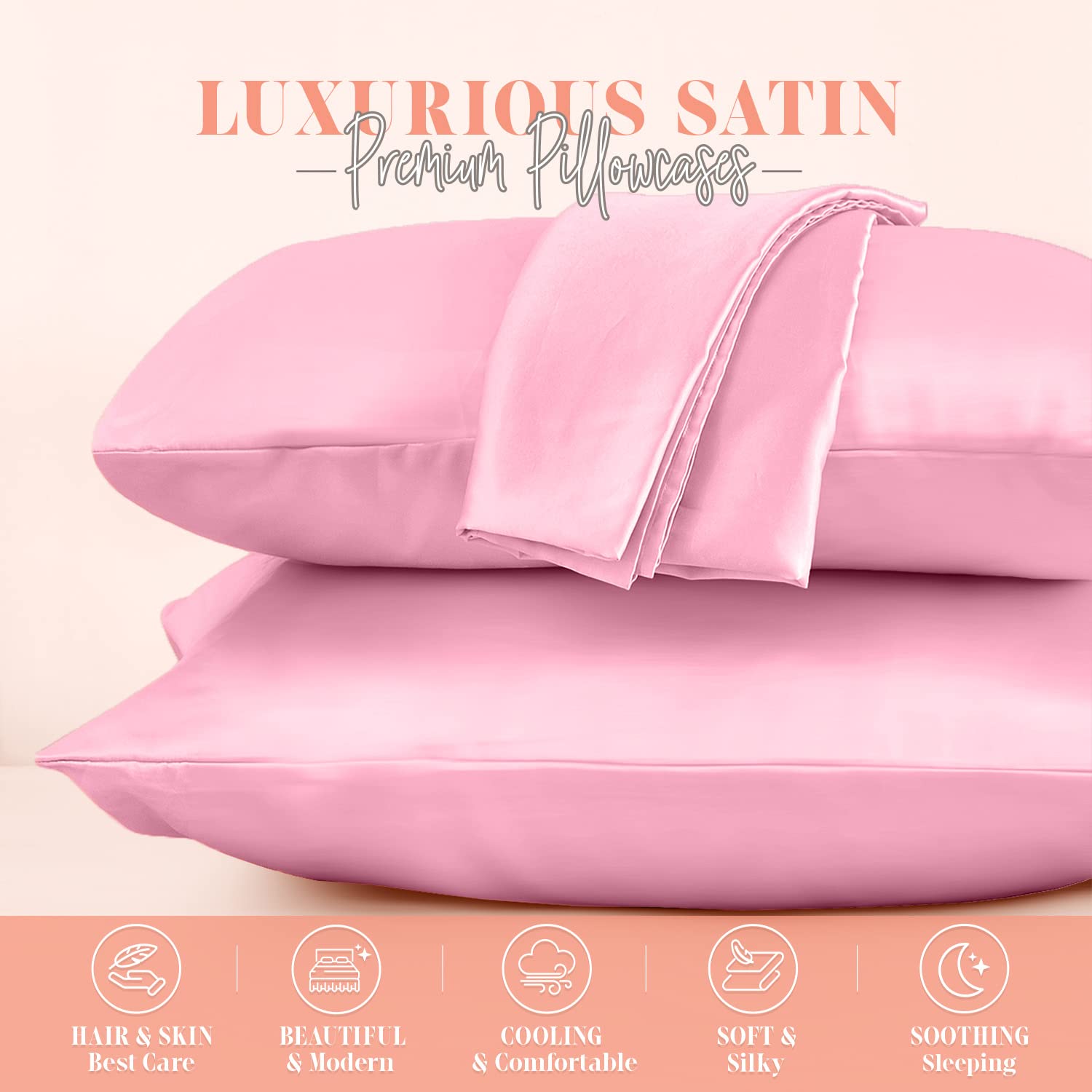 Elegant Comfort Silky And Luxurious 2-Piece Satin Pillowcase Set For Healthier Skin And Hair, Hidden Zipper Closure And Beautifully Packaged, Satin Pillowcase Set, Standard/Queen, Light Pink