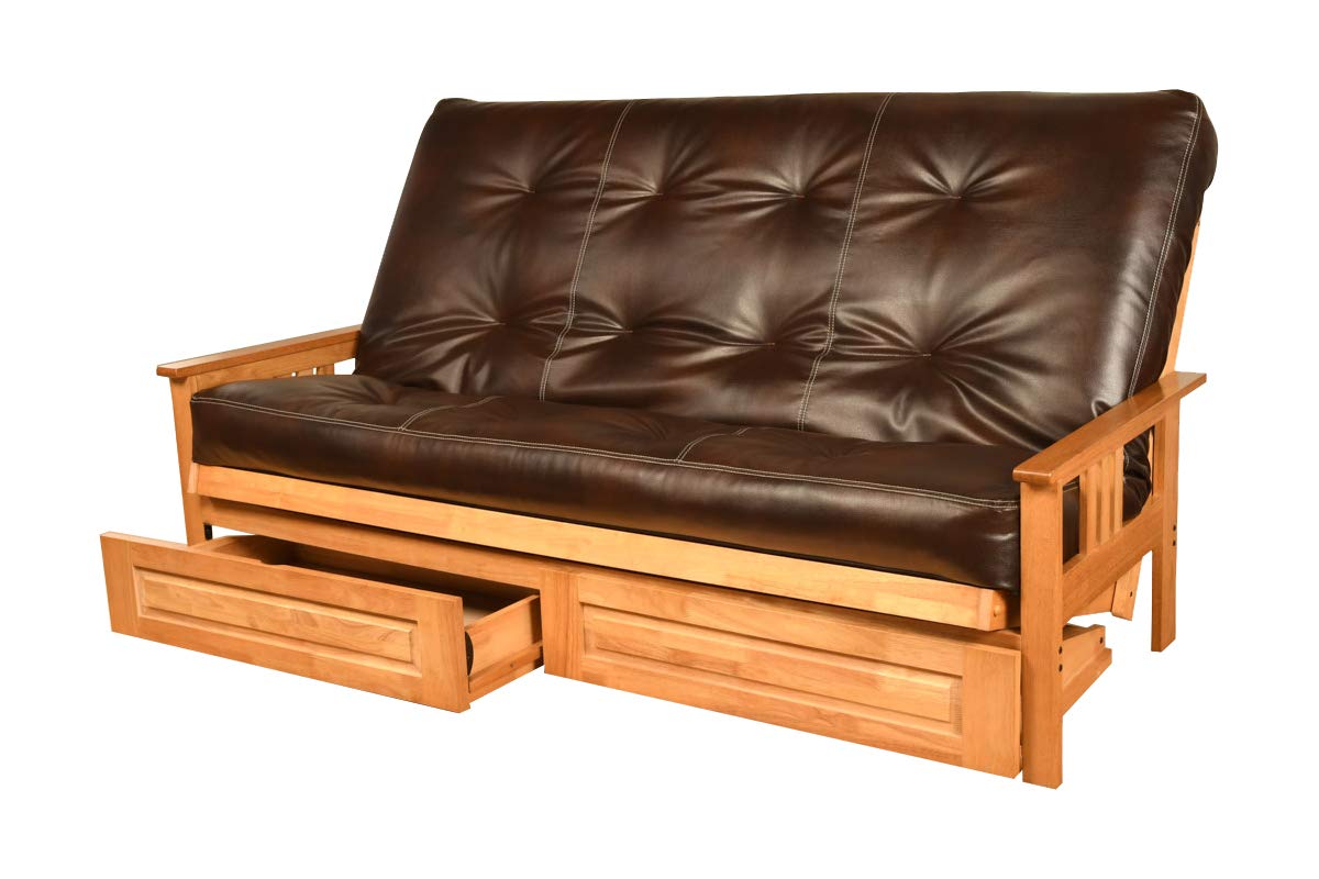 Kodiak Furniture Monterey Queen-Size Futon, Storage Drawers, Butternut Finish With Oregon Trail Java Mattress