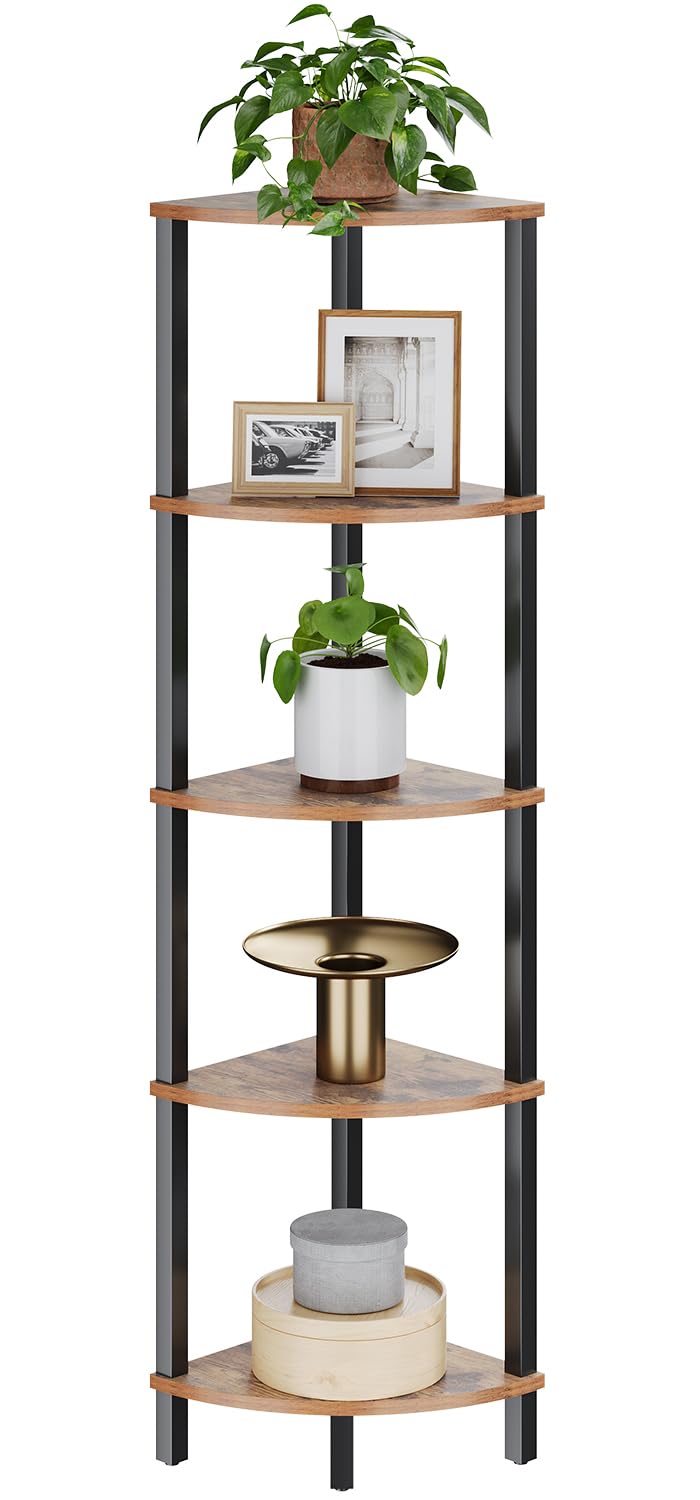 VIMBER Corner Shelf, 5-Tier Corner Bookshelf, Industrial Corner Ladder Shelf, Rustic Display Shelf for Living Room, Bedroom, Kit