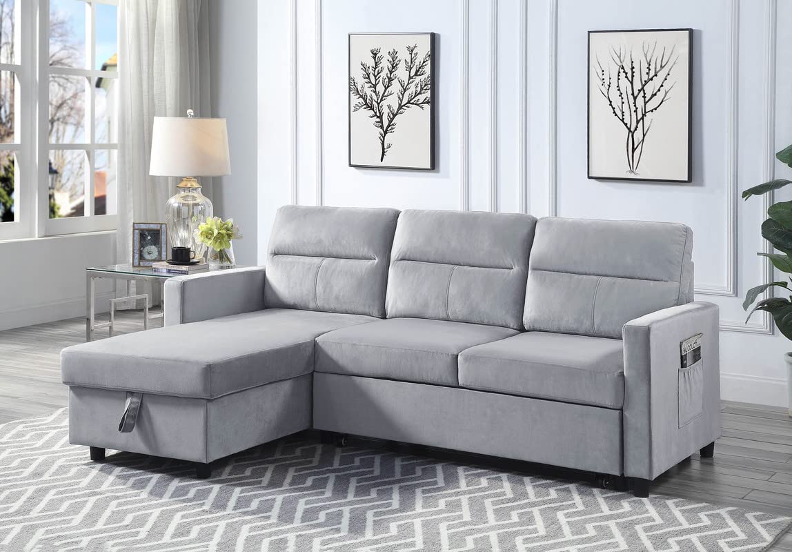 Lilola Home Ruby Light Gray Velvet Reversible Sleeper Sectional Sofa with Storage Chaise and Side Pocket