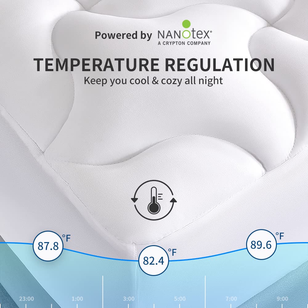Sleep Zone Cooling Mattress Topper Queen Mattress Pad, Quilted Fitted Mattress Cover, Machine Washable, Soft Fluffy Down Alternative, Deep Pocket 8~21 Inch (White, Queen)