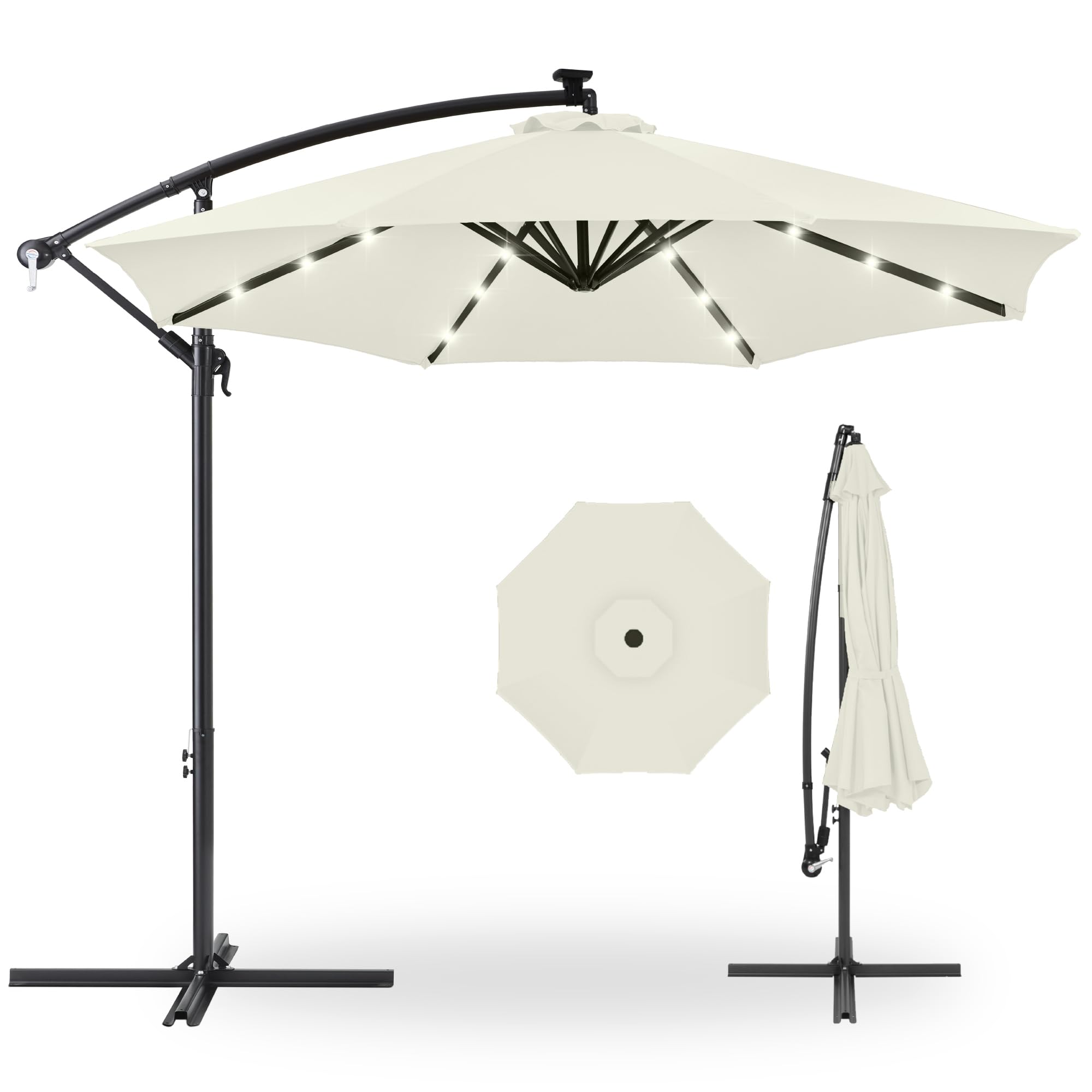 Best Choice Products 10ft Solar LED Offset Cantilever Hanging Market Patio Umbrella, 8 Sturdy Ribs, Easy Adjustment - Ivory