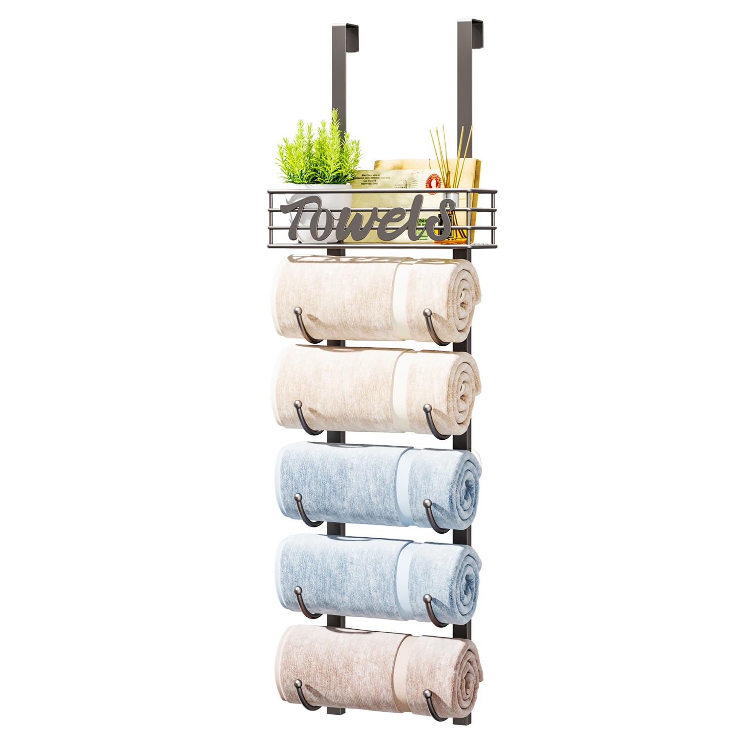 HapiRm 9-Tier Over The Door Towel Racks for Bathroom - Wall Mount Towel Holder with Metal Shelf Basket - Rolled Towel Storage Do