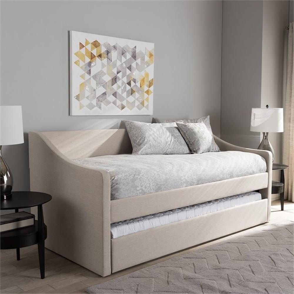 Baxton Studio Barnstorm Modern and Contemporary Beige Fabric Upholstered Daybed with Guest Trundle Bed