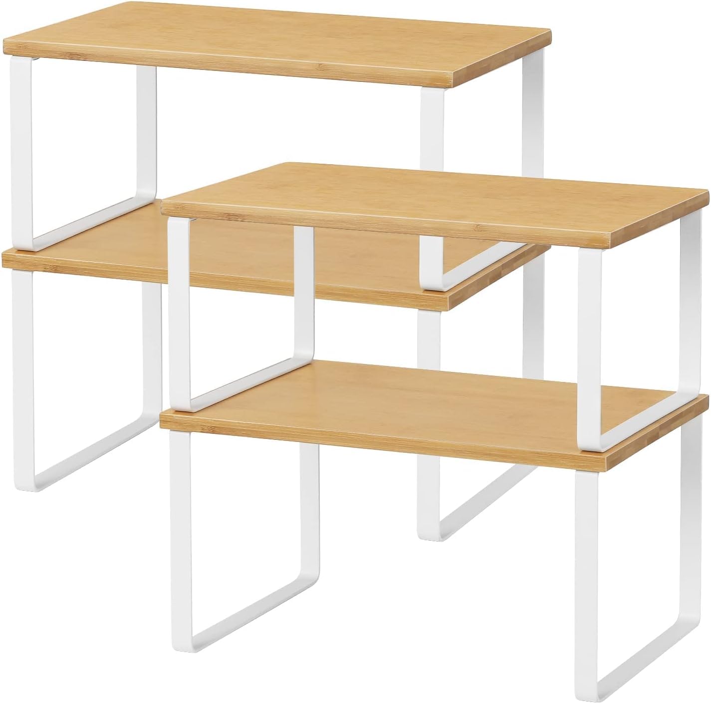 NEX MOOACE Bamboo Kitchen Cabinet and Counter Shelf Organizer, Stackable & Expandable, Set of 4, White and Natural