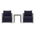 Modway Aura Outdoor Patio Wicker Rattan, Side Table And Two Armchairs, Gray Navy
