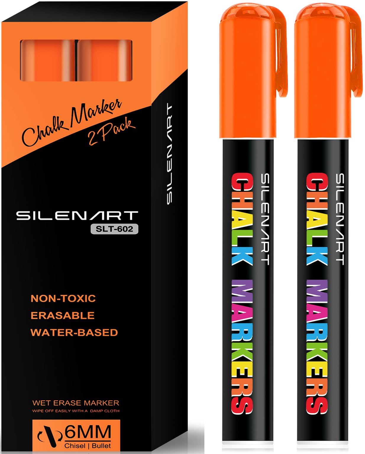 Silenart Orange Chalk Markers 2 Pack - Orange Dry Erase Markers Pen - Liquid Chalk Markers For Chalkboard, Window, Glass, Mirror