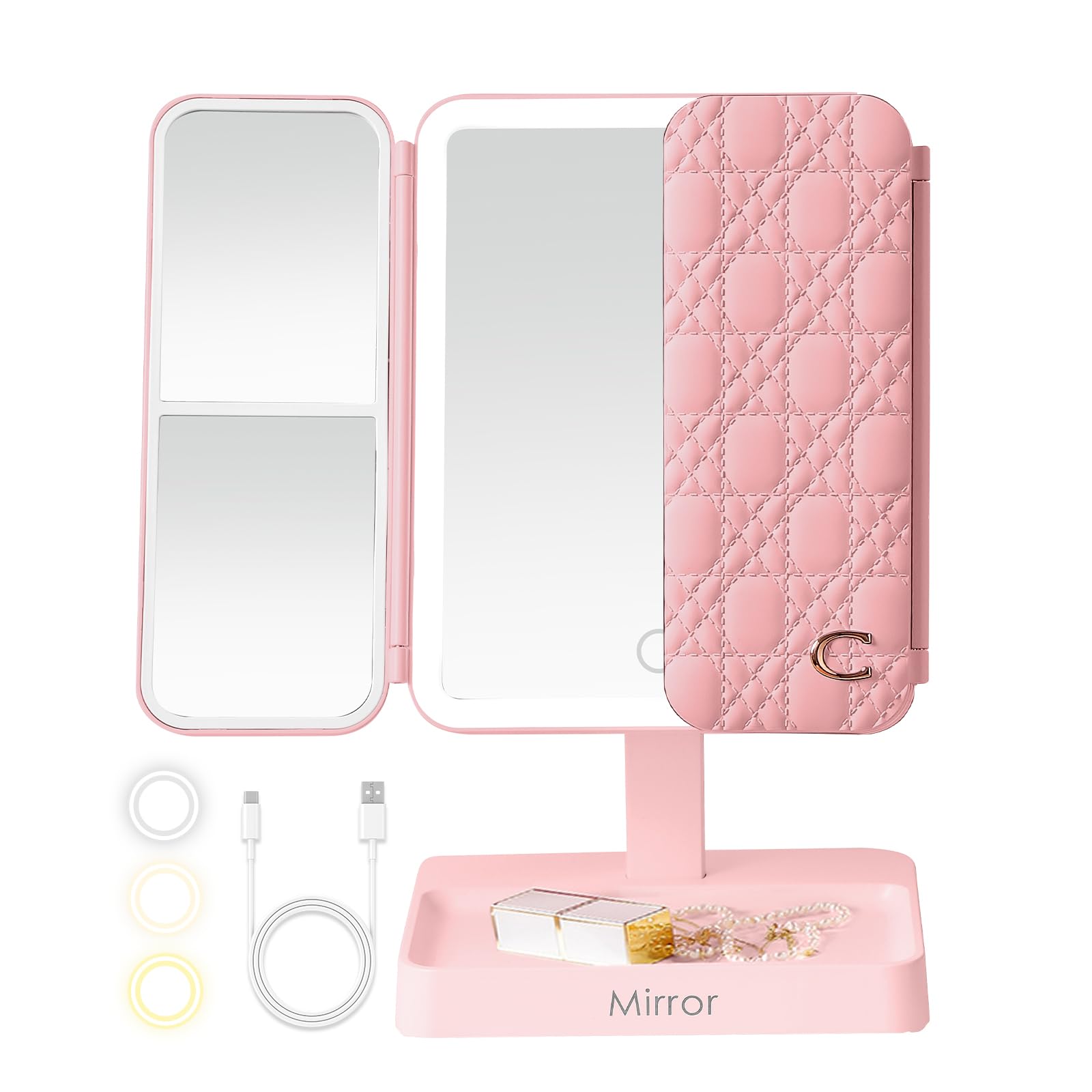 Makeup Mirror Vanity Mirror with Lights, 83 LEDs, 360-Degree Uniform Fill Light, 3-Color Lighting, Touch Control, Trifold Makeup