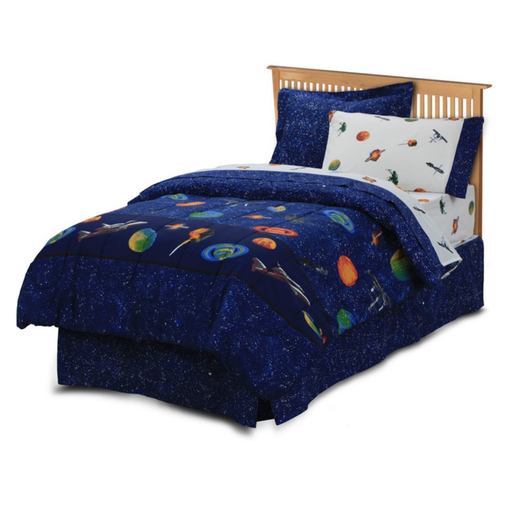 Dream Factory Kids 6-Piece Complete Set With Bedskirt Easy-Wash Super Soft Comforter Bedding, Twin, Blue Outer Space Satellites