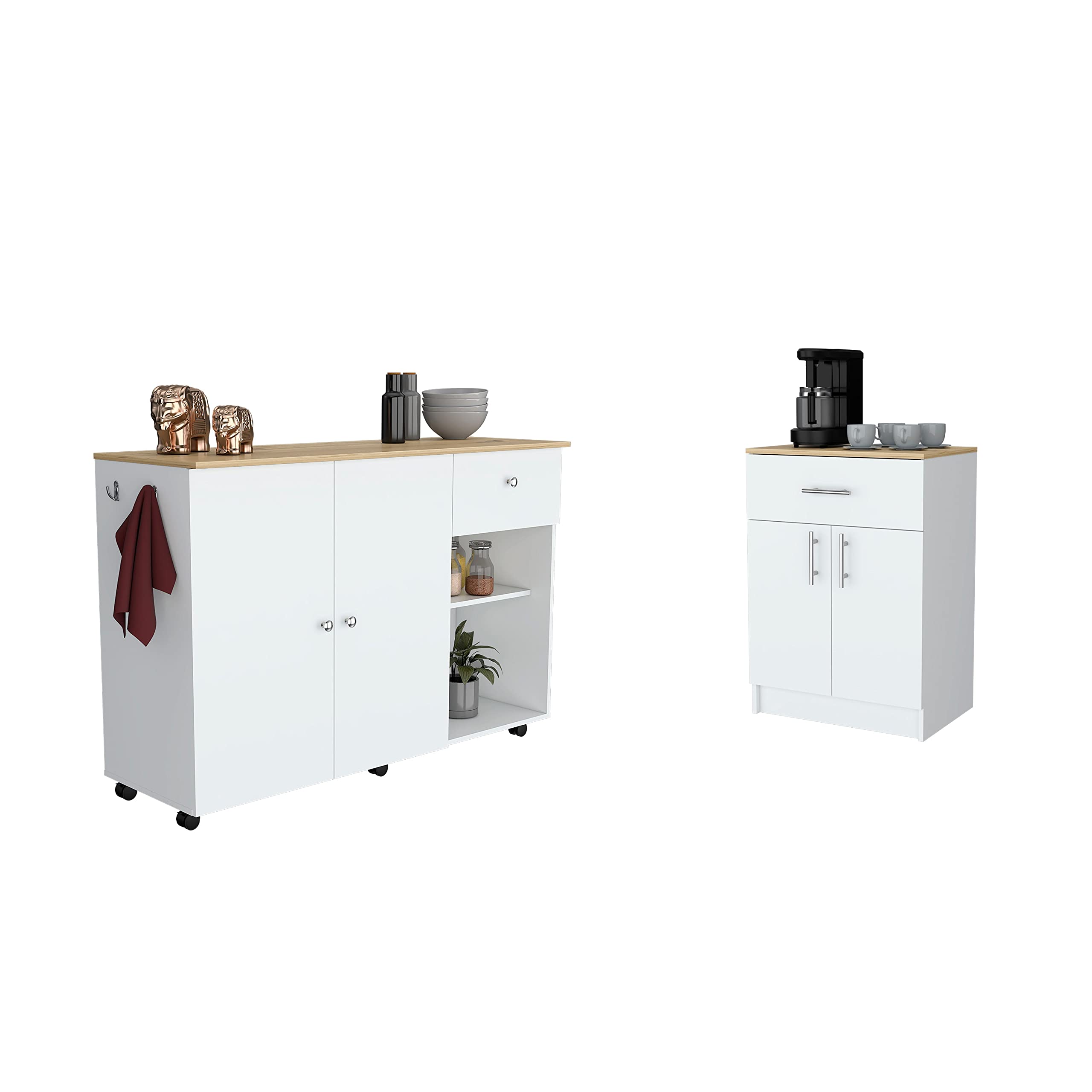 Victoria 2 Piece Kitchen Set, Kitchen Island + Kitchen Pantry, White/Light Oak
