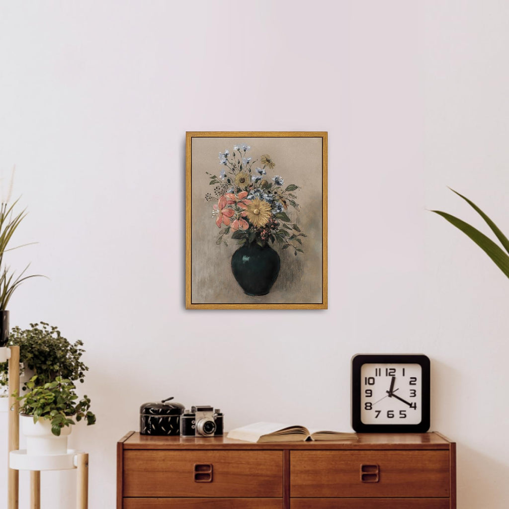 Roslynity Framed Canvas Wall Art Vintage Print Wildflowers Still Life Paintings Neutral Pastel Antique Retro Aesthetic Artwork F