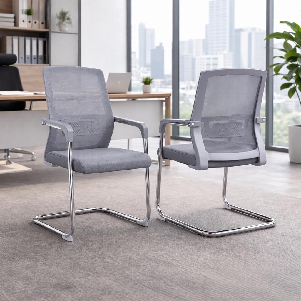 Mlu Modern Mesh Visitor Chair With Lumbar Support, Cushioned Seat & Chrome Frame | Ergonomic Office/Conference Guest Chair With