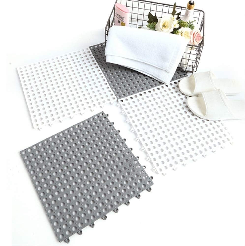 Home Brilliant 4 Pack Interlocking Non Slip Drainage Floor Tiles, Rubber Bathtub mat with Drain Holes Suction Cups for Bathroom,