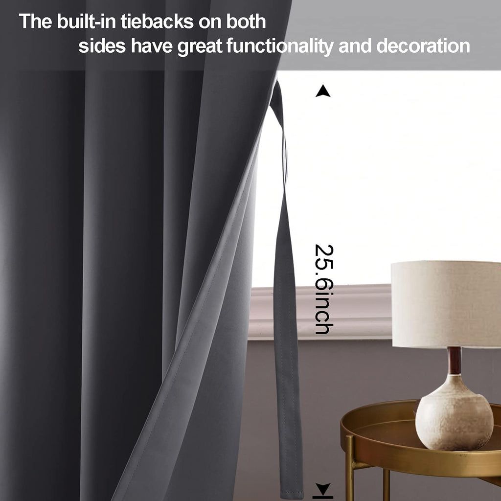 Jiuzhen Dark Grey Blackout Curtains With Tiebacks Thermal Insulated, Light Blocking And Noise Reducing Grommet Curtains For Bedroom And Living Room, Set Of 2 Window Curtain Panels, 60 X 84 Inch Length