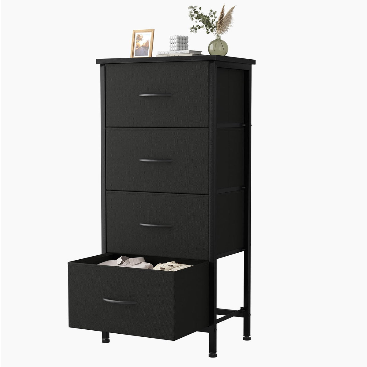 Sweetcrispy Nightstand Small Bedroom Dresser with 4 Fabric Drawers,Bed Side Furniture End Table,Wooden Top Cabinet Night Stand D