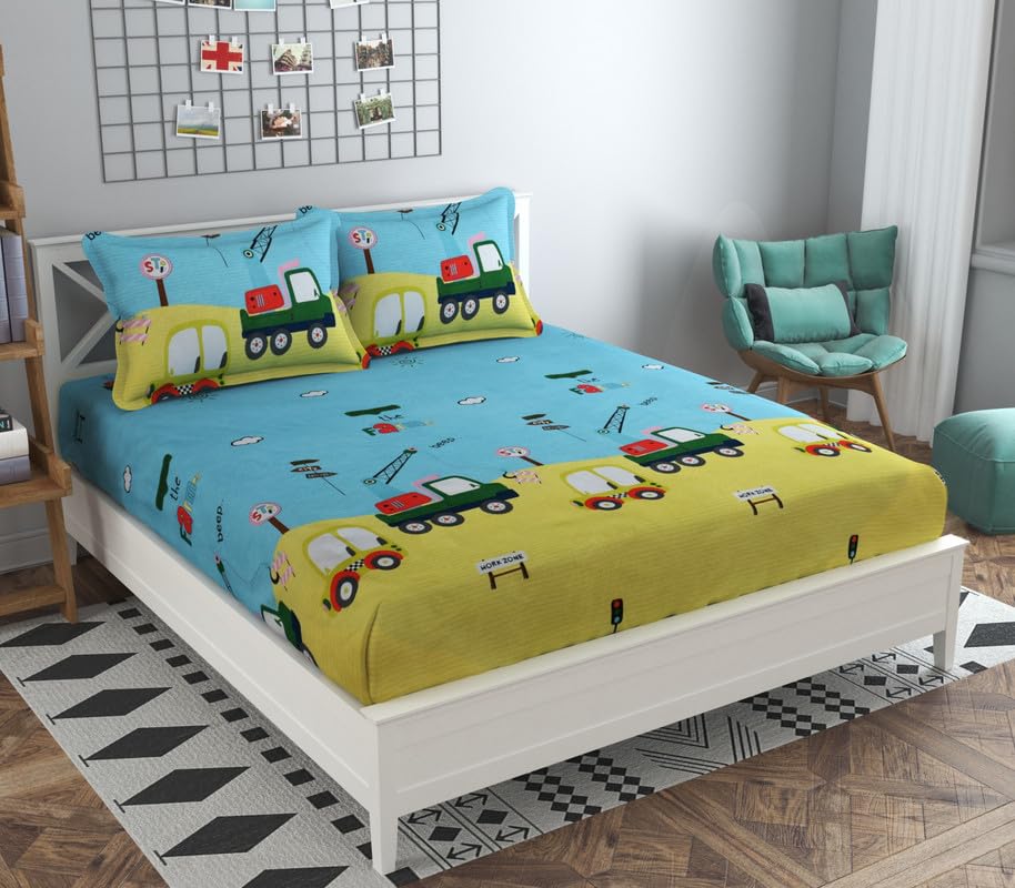 Innovative Edge 300 Tc Super Soft Blue Car Cotton King Size Bed,Elastic Fitted Bedsheets Kidsgirls Room All Around Elastic (72inch