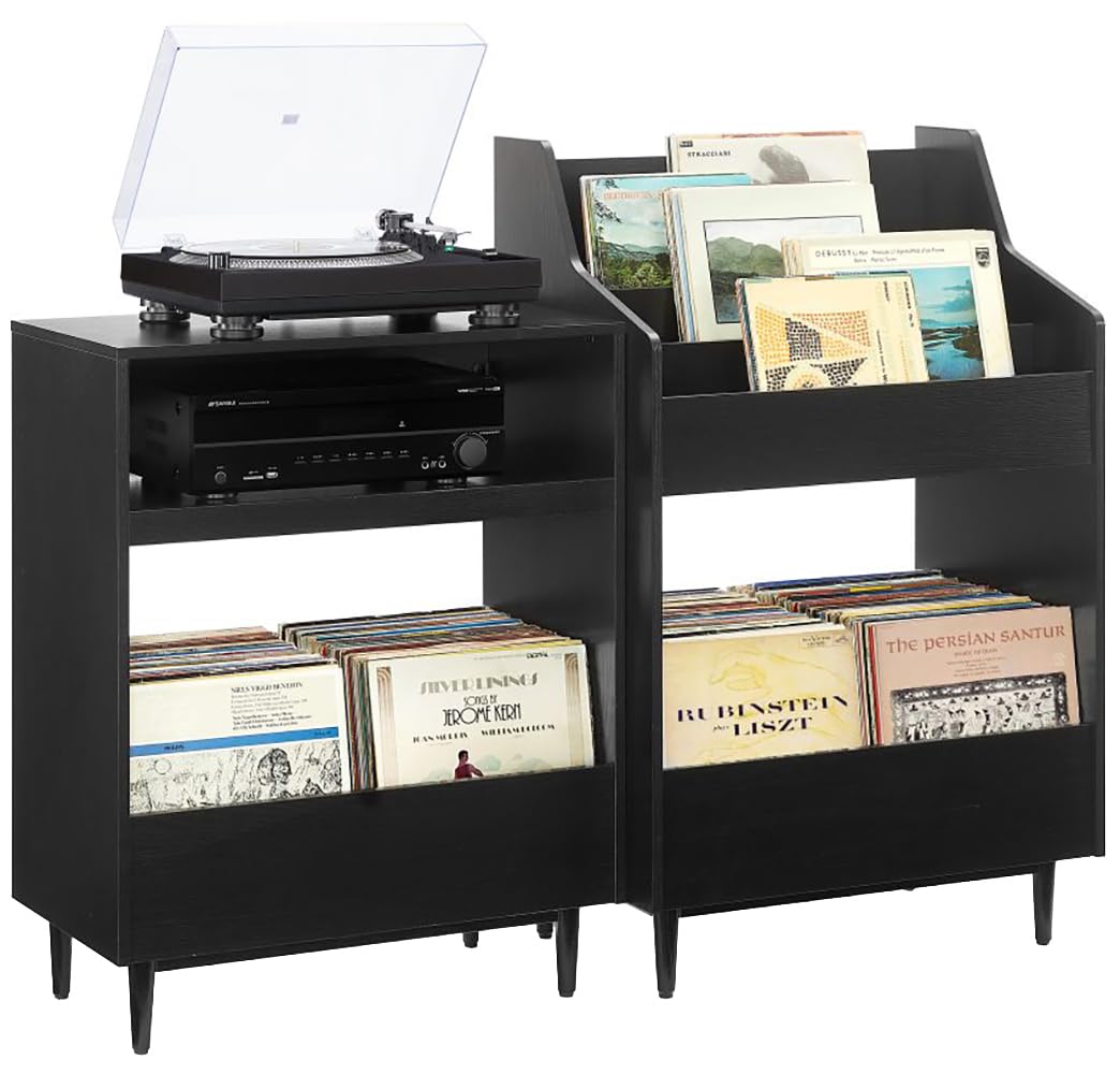 Crosley Furniture Liam 2-Piece Turntable Record Player Stand and Vinyl Storage, Mid Century Modern, Black