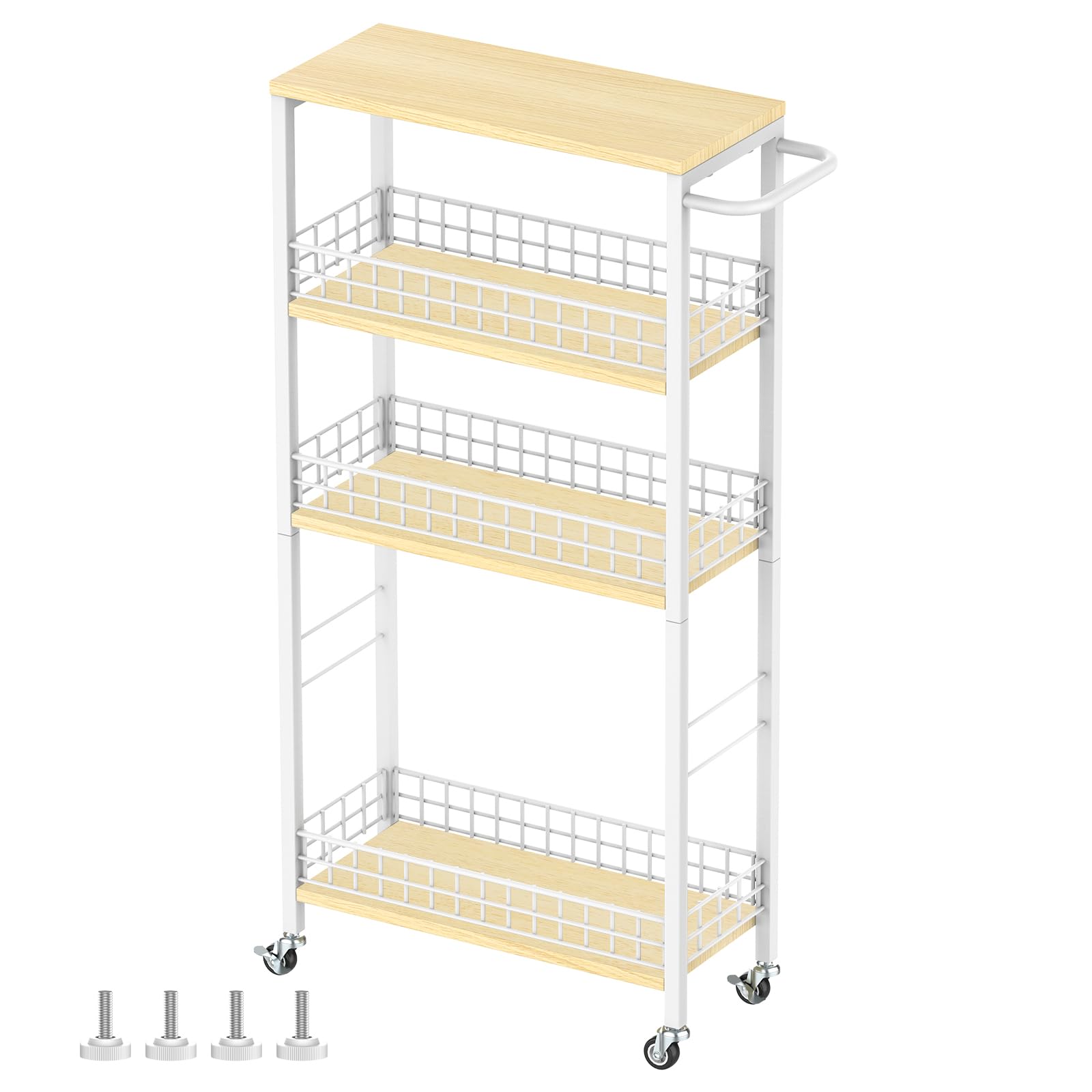 Slim Storage Cart 4-Tier Rolling Kitchen Utility Cart White Narrow Slide Out Laundry Storage Cart on Wheels and Wood Table Top M