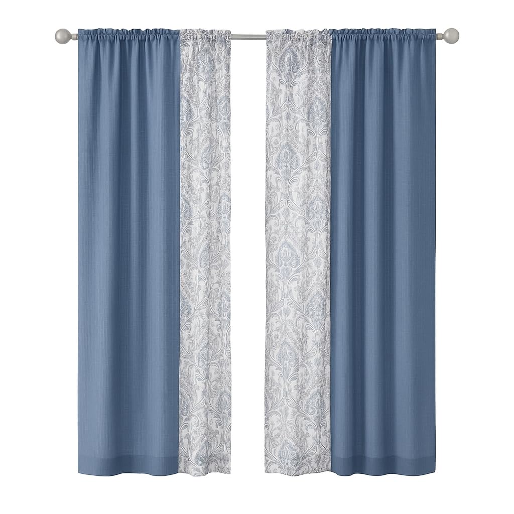 Sunclipse 4Piece Rod Pocket Damask & Solid Curtain Panel Set,27.5x63, Light Filtering Window Curtains, Ideal for Bedroom, Liv