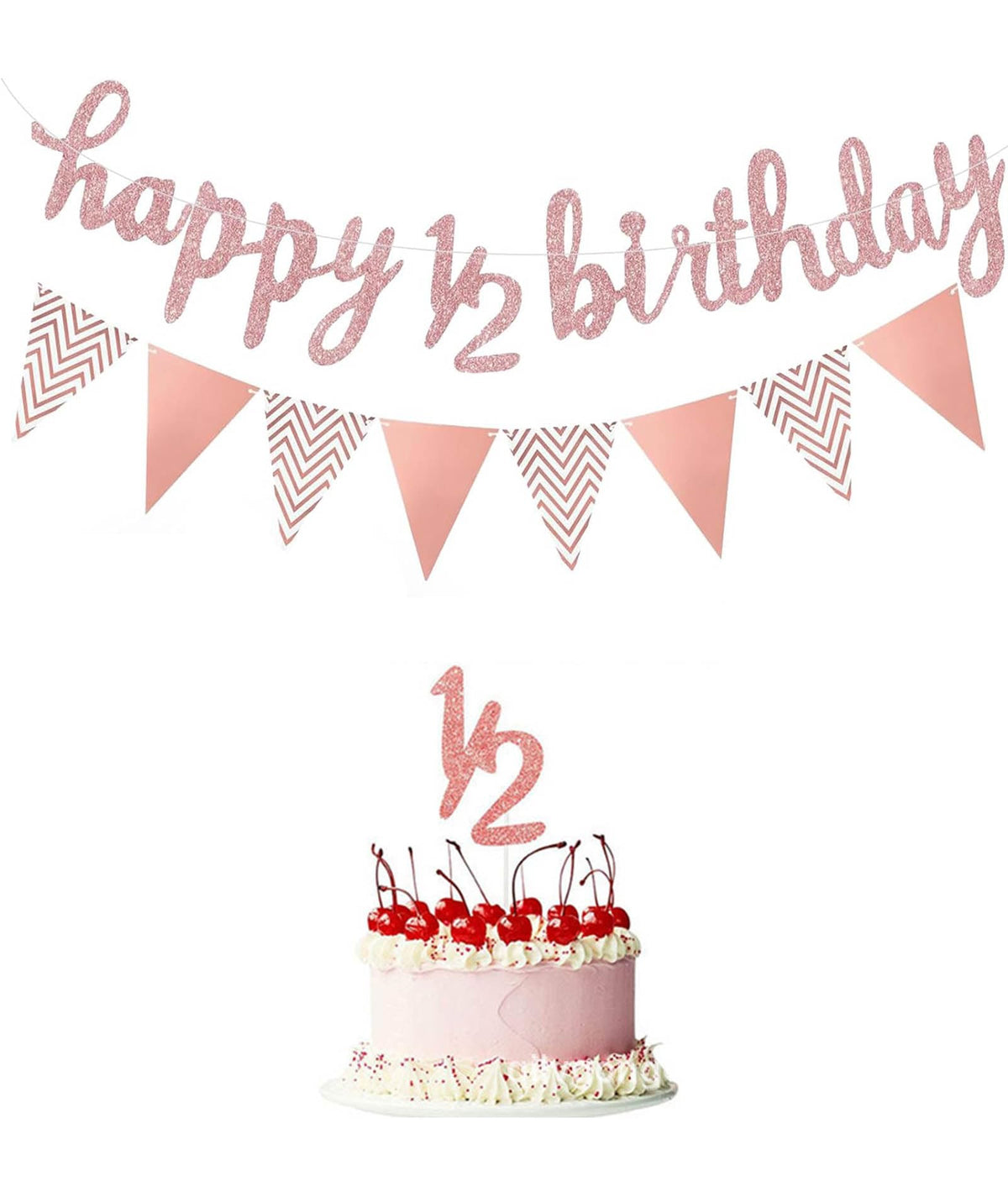 3 Pcs Half Birthday Decorations Set for 6 Months Party  Includes Glitter Cake Topper, Happy 1/2 Birthday Banner, Rose Gold Tria