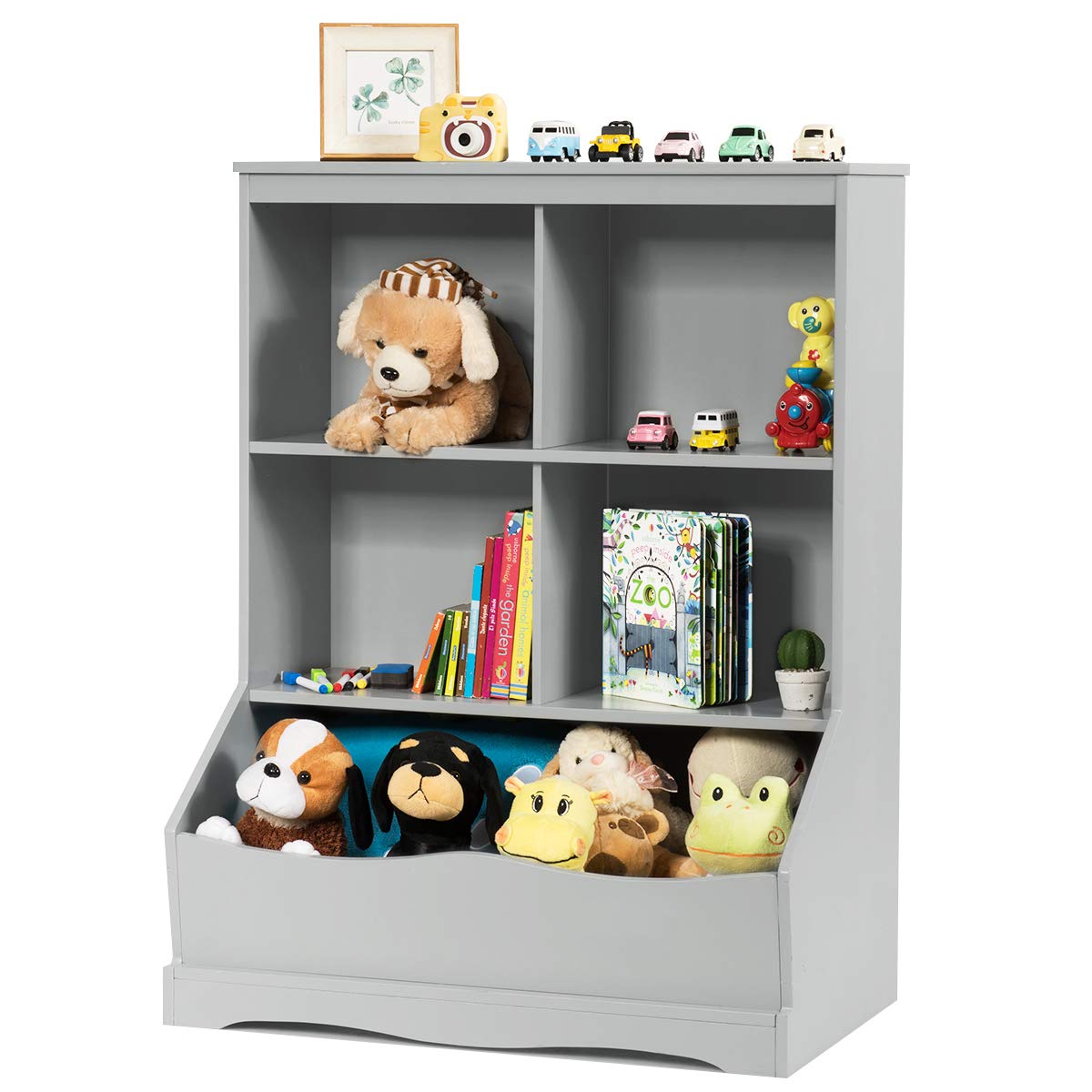 Giantex Storage Cabinet, Cubby Toy Organizer, 3 Shelf 4 Cube Units, Storage Bins Cubbies For Kids' Collections, Kids Bookshelf And Bookcase For Children Playroom Hallway Kindergarten School, Gray