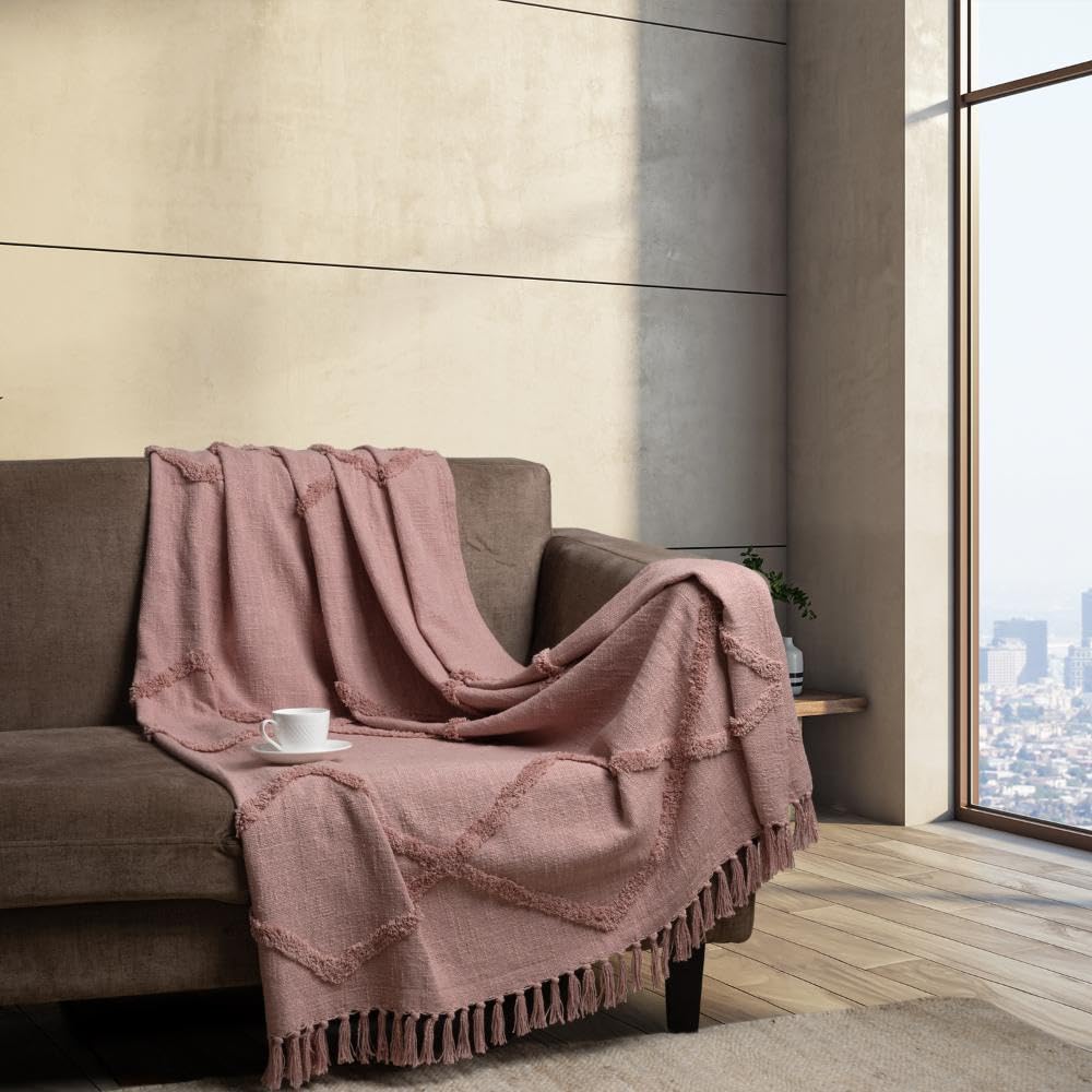 Wakefit 100% Cotton Sofa Throw | Soft & Lightweight Throw Blanket for Chair, Bed & Couch with Tassels | Machine Washable | Mello