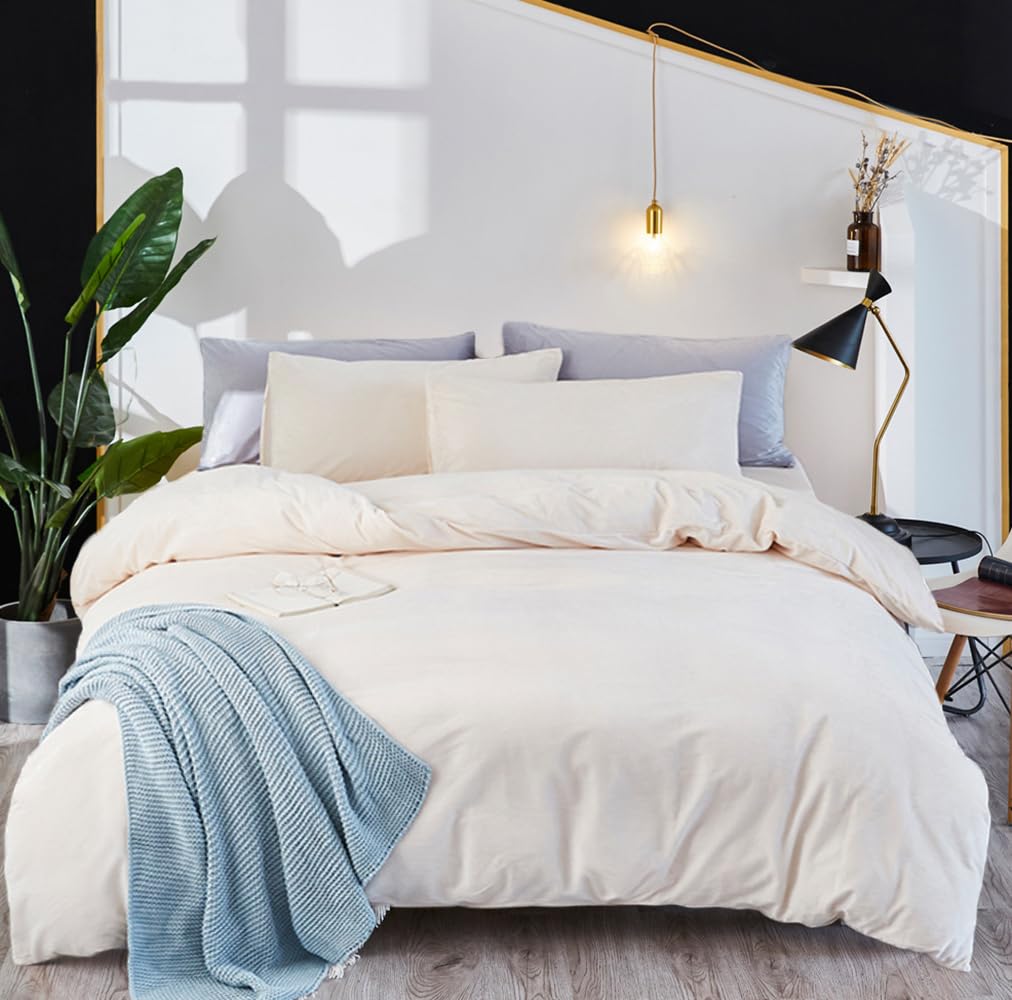 Houseri Bedding Set Queen White Velvet 3Pcs Fluffy Sherpa Comforter & Pillow Sham, Winter Spring Fall