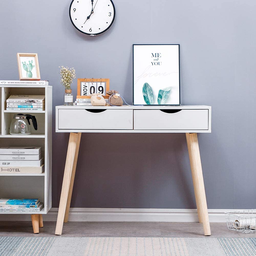 Brown Art Shoppee Engineered Wood Desk With 2 Drawers For Small Space, Computer Desk With Storage Shelves, Makeup Vanity Desk, M