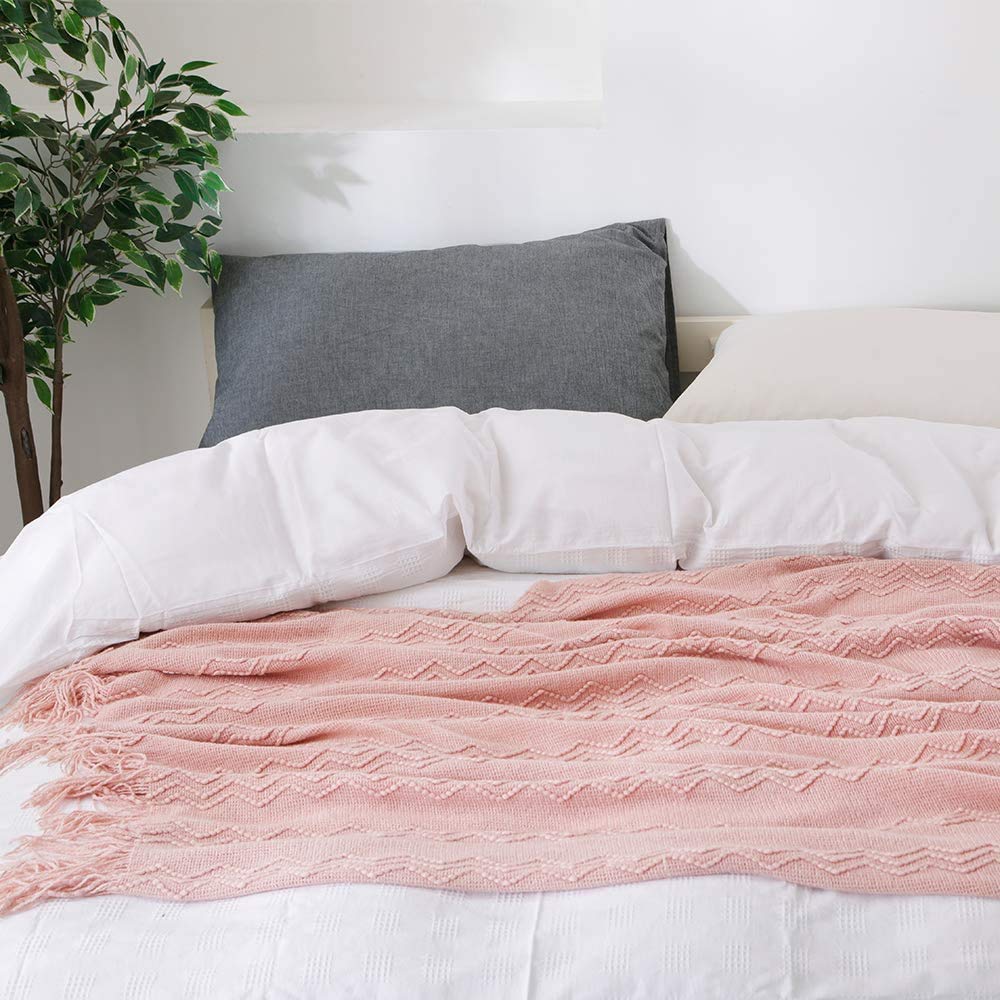 Bourina Throw Blanket Textured Solid Soft Sofa Throw Couch Cover Knitted Decorative Blanket, 50'' X 60'' Pink
