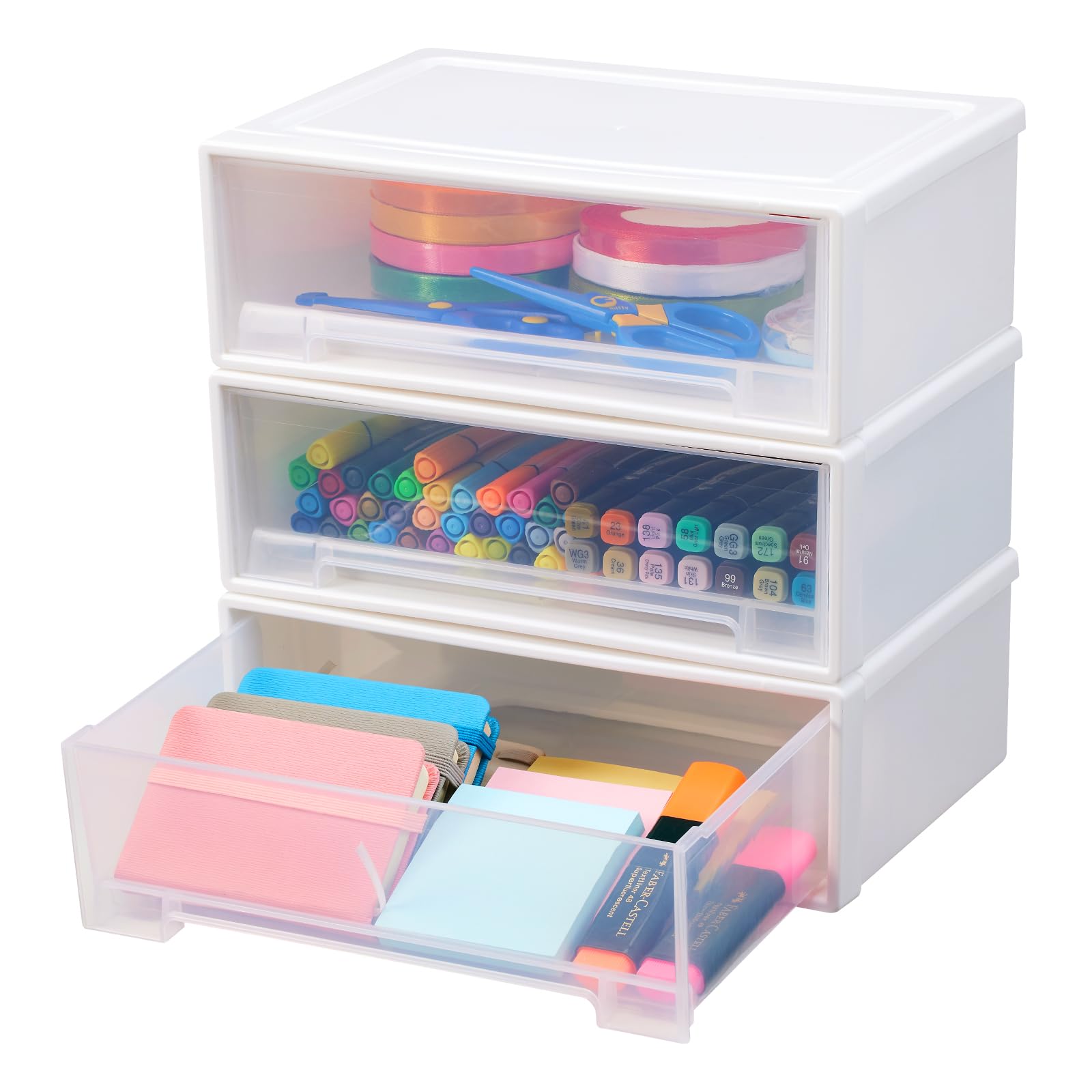 Flytreal 3 Stackable Plastic Storage Drawers, Small Drawer Organizer Container Bins for Home Office Vanity Desk Accessories, Sta