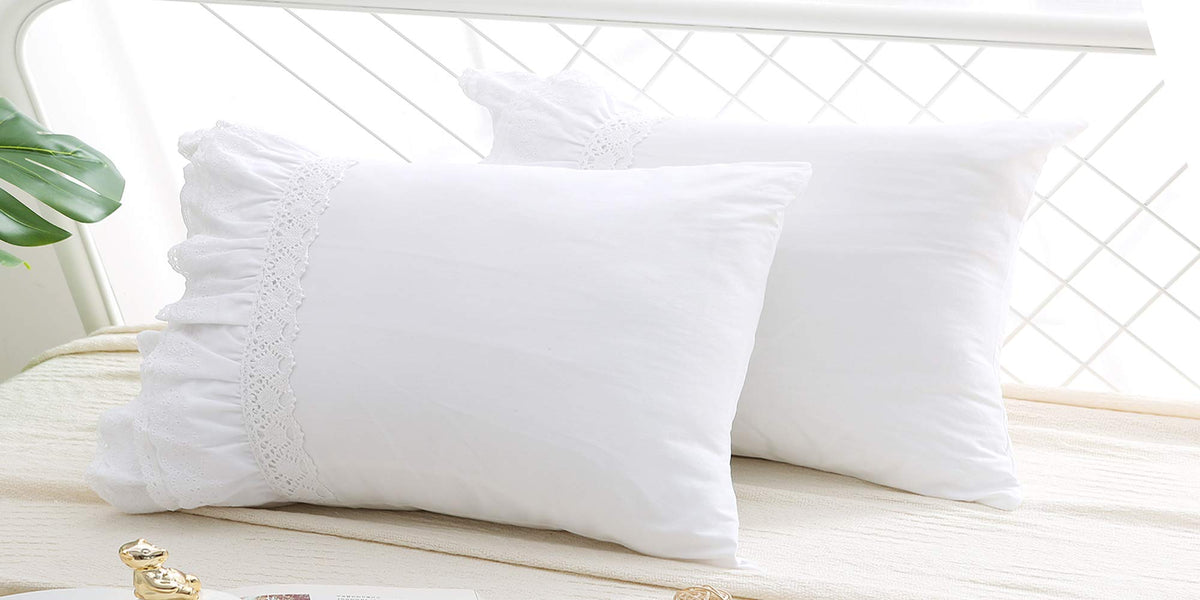 Meaning4 2-Pack Lace Pillow Shams Cases Covers With Ruffles Bright White Egypt Cotton Standard Size 20'X26' Luxury Elegant Twi
