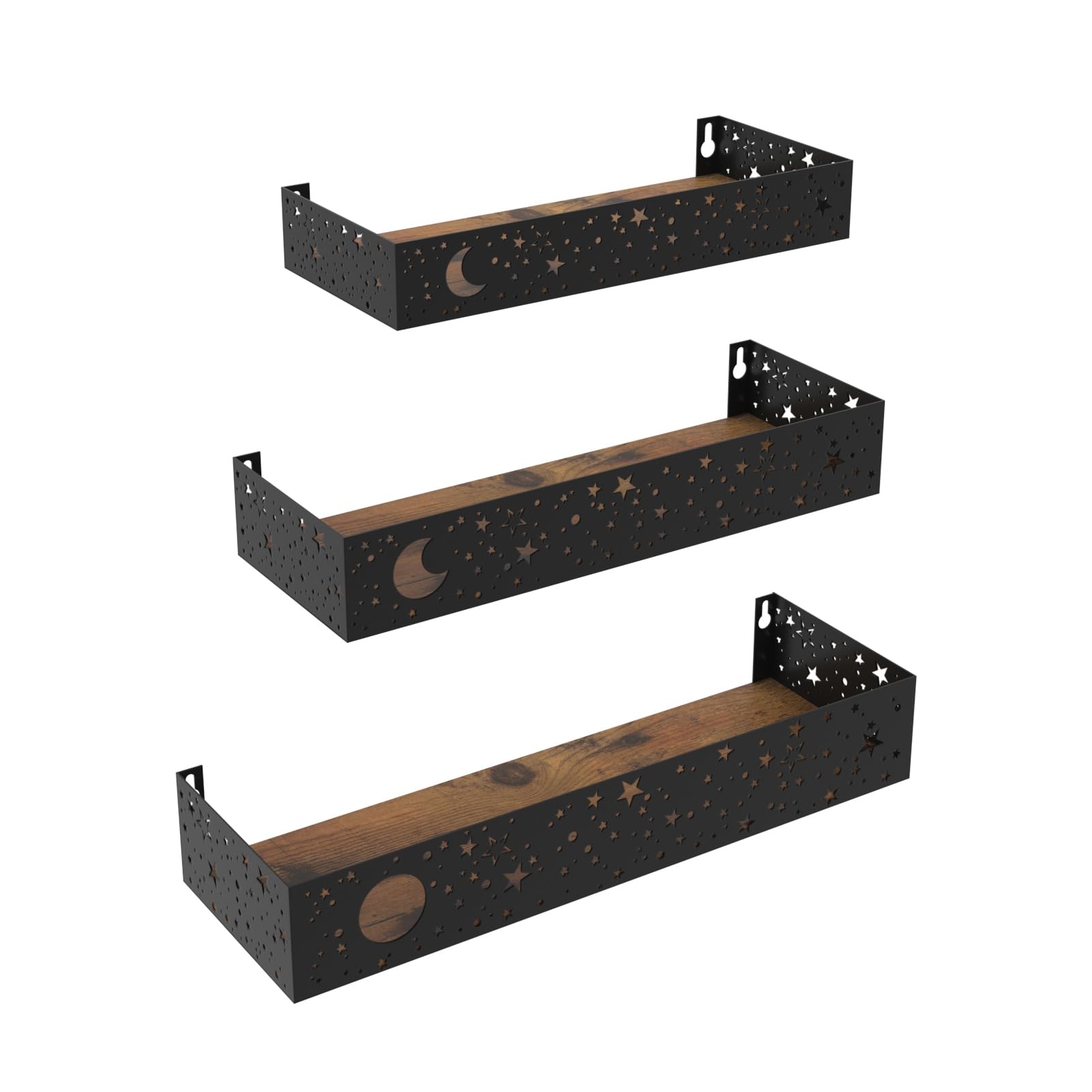 Serwrsw Moon and Stars Wall Shelves Black, Set of 3 Small Floating Shelves for Bedroom Living Room Wall Storage or Decor, Brown 