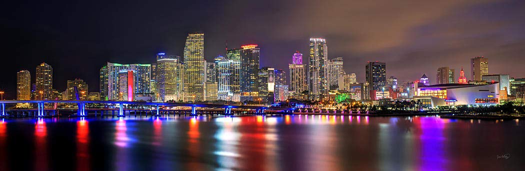 Miami Skyline UNFRAMED Photo Poster Print NIGHT Color Downtown City 11.75 inches x 36 inches Archival Photographic Panorama Pict