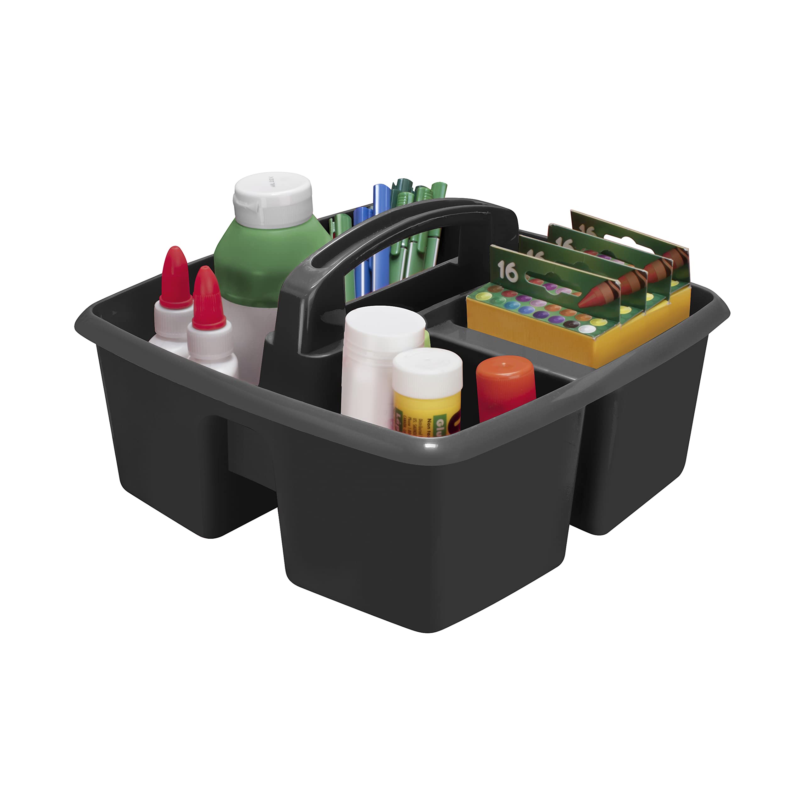 Storex 3-Compartment Small Caddy - Multipurpose Classroom Organizer With Handle, Black, 6-Pack (00972A06C)