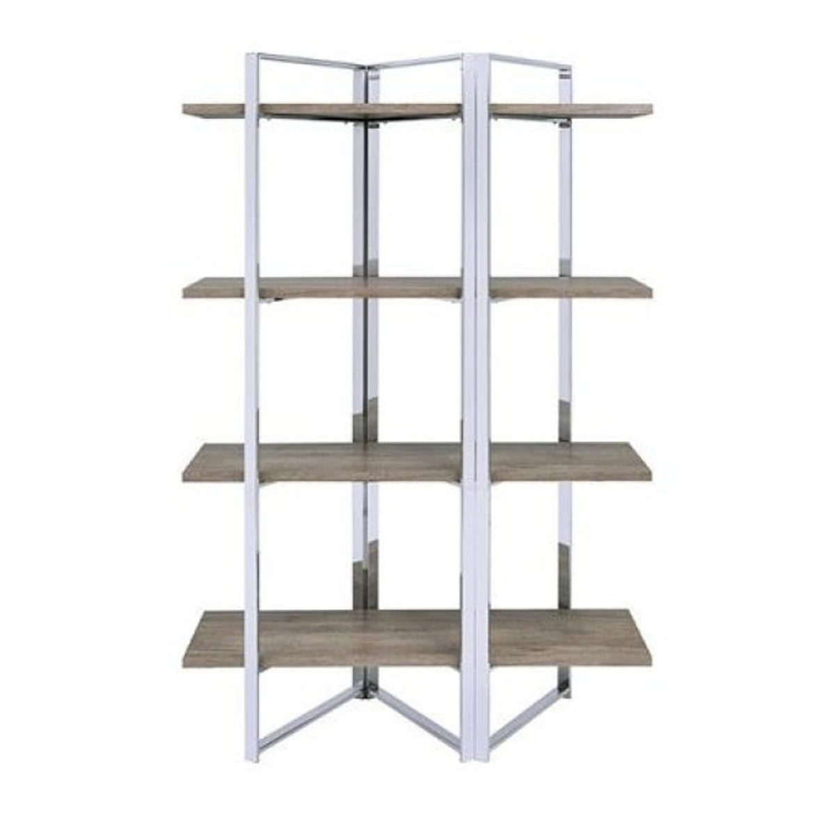 Benjara Geometric Metal Framed Bookshelf with Four Open Wooden Shelves, Brown and Silver,